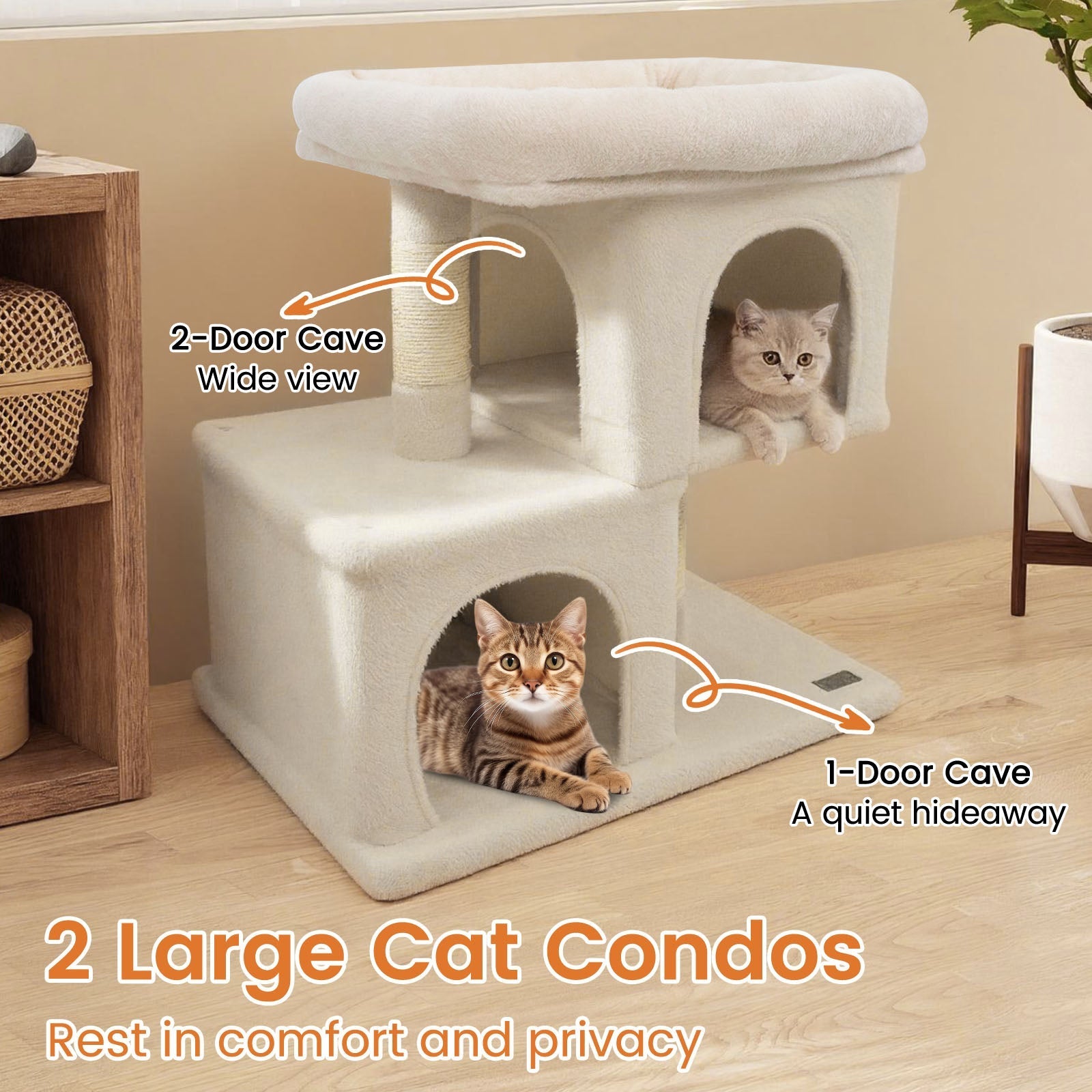 Modern Cat Tree Space-saving Cat Tower with Upholstered Perch and 2 Cat Condos