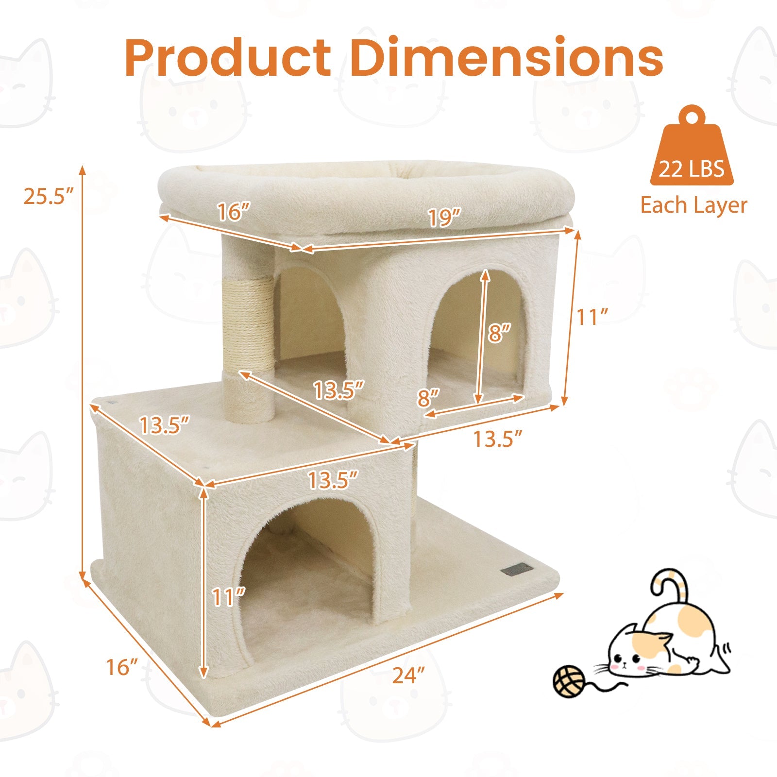 Modern Small Cat Tree with Upholstered Perch and 2 Cat Condos