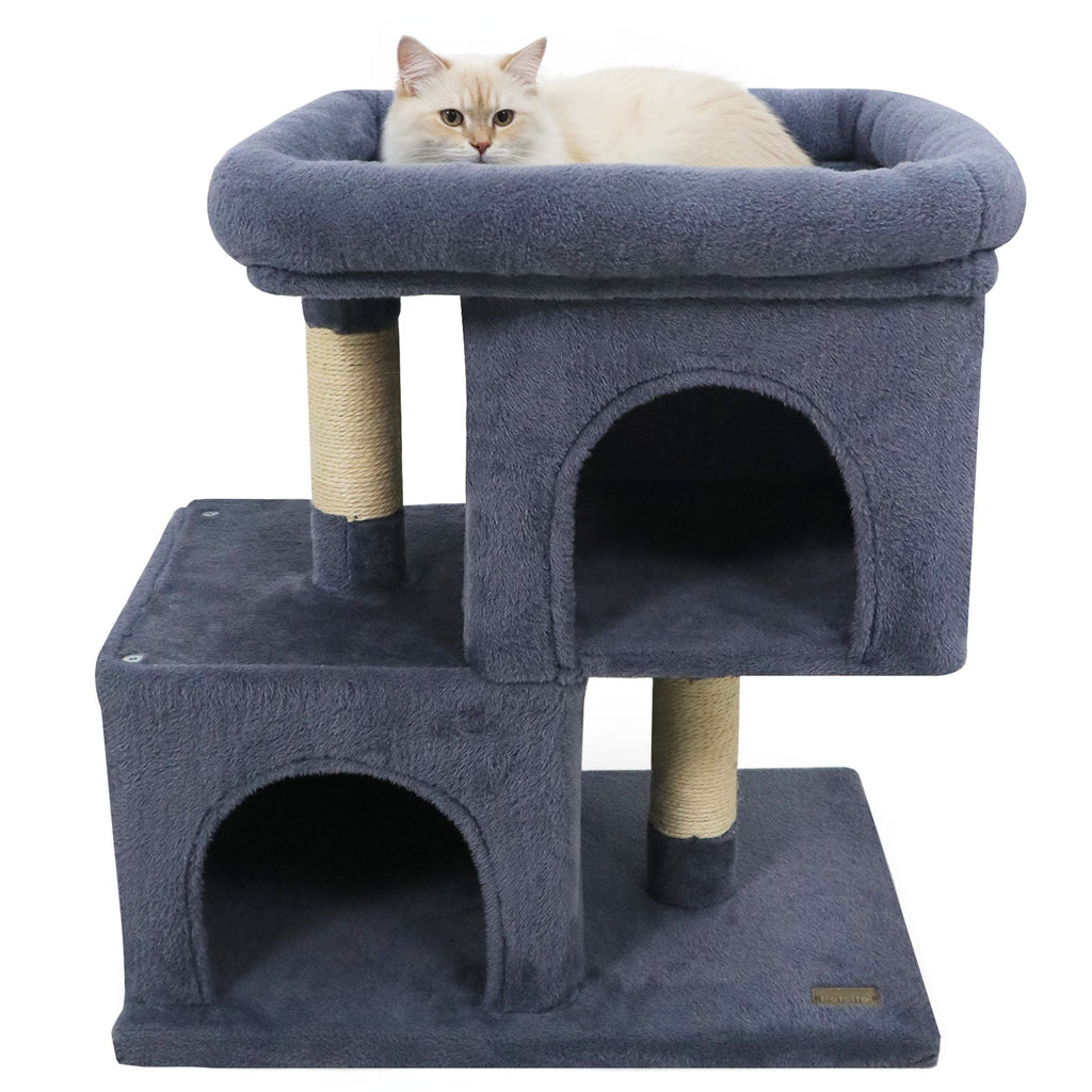 Modern Small Cat Tree with Upholstered Perch and 2 Cat Condos