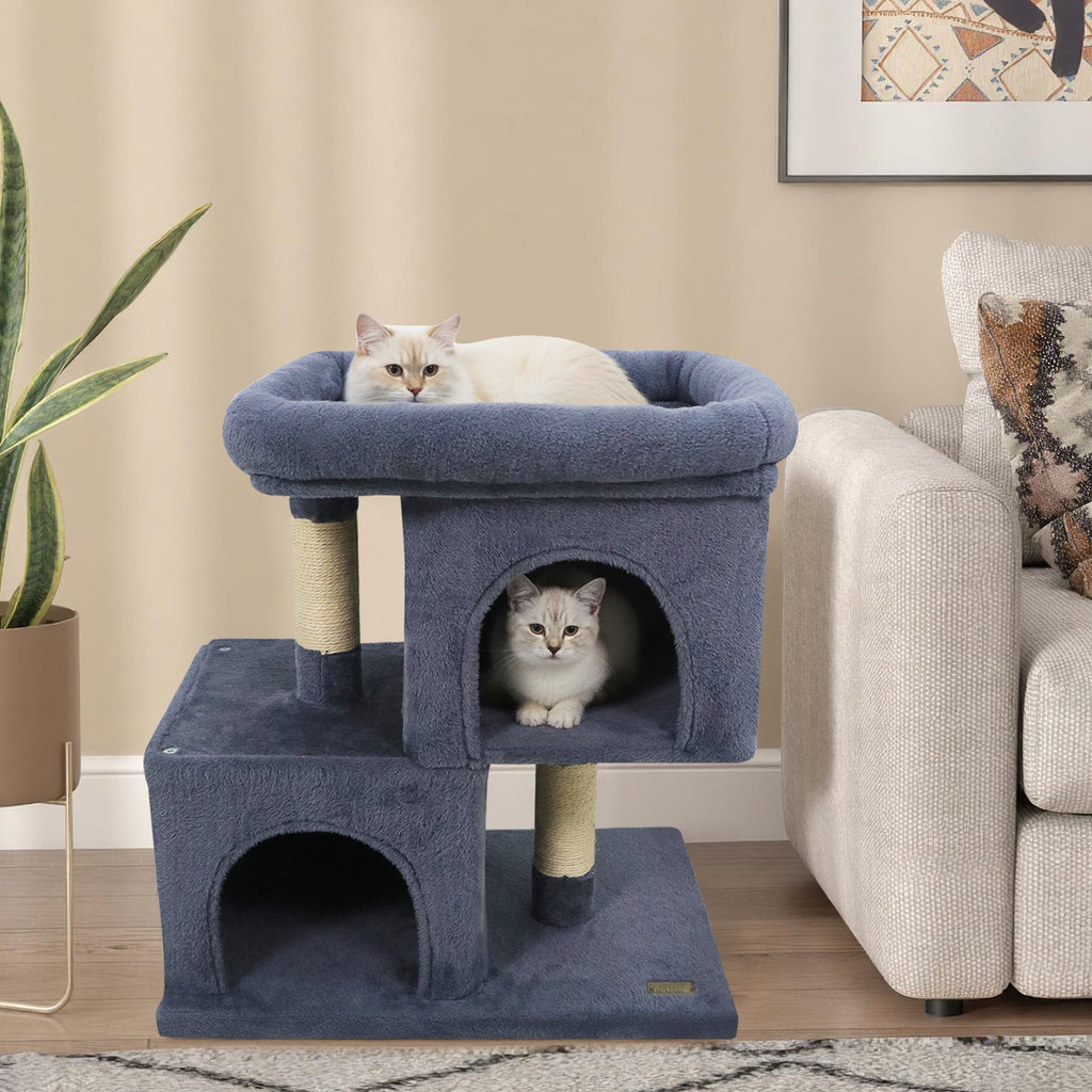 Modern Small Cat Tree with Upholstered Perch and 2 Cat Condos