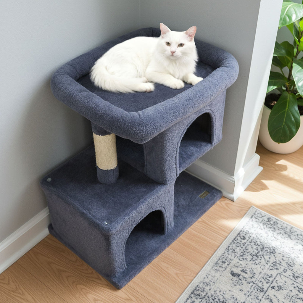 Modern Cat Tree Space-saving Cat Tower with Upholstered Perch and 2 Cat Condos