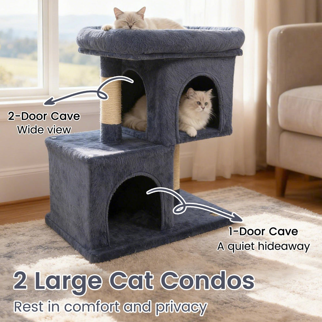Modern Cat Tree Space-saving Cat Tower with Upholstered Perch and 2 Cat Condos