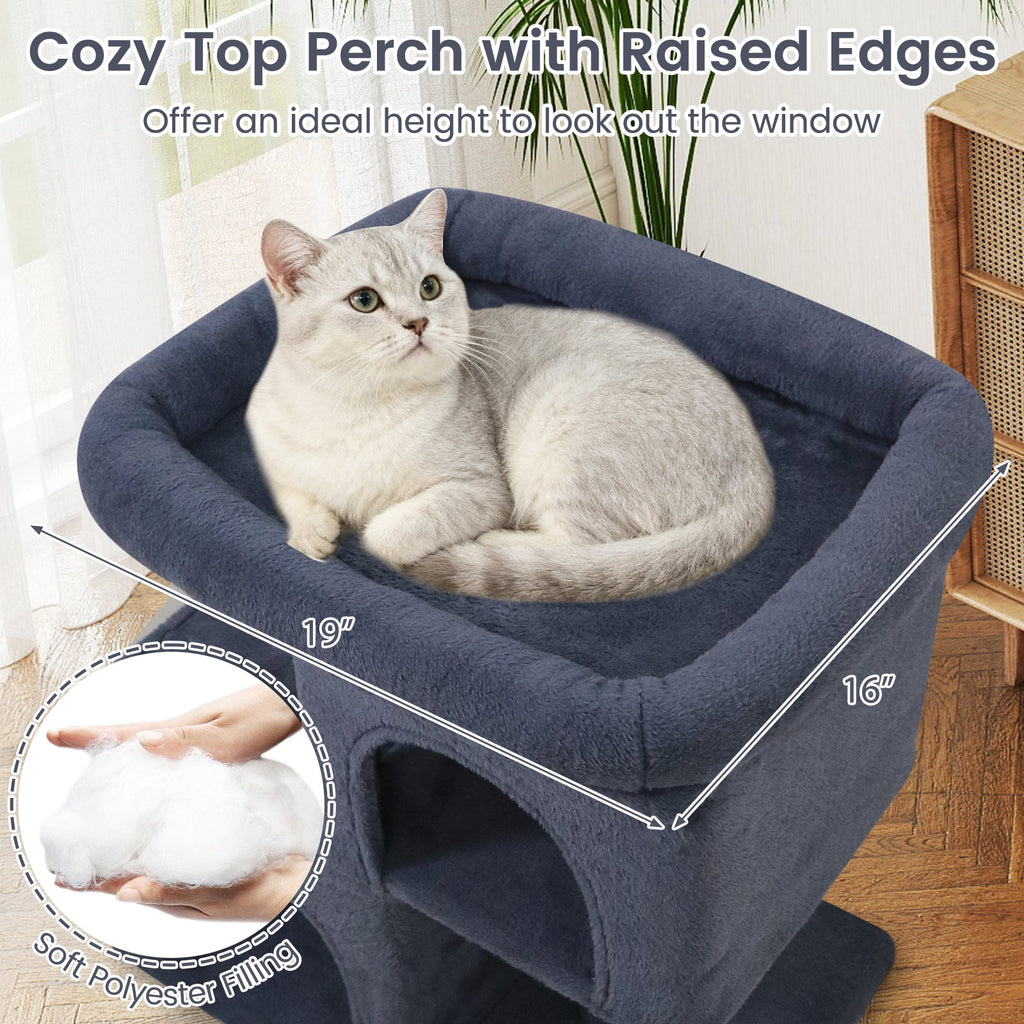 Modern Small Cat Tree with Upholstered Perch and 2 Cat Condos