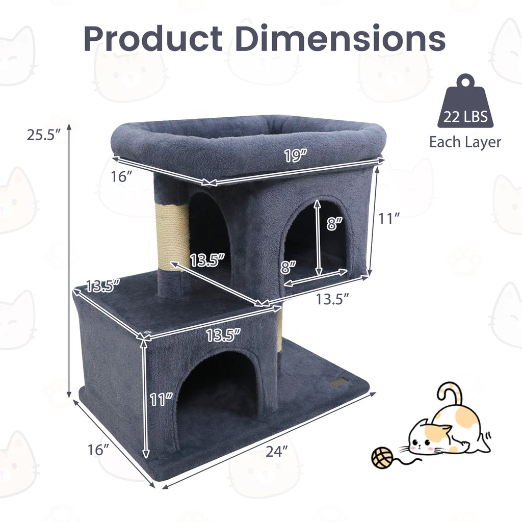 Modern Cat Tree Space-saving Cat Tower with Upholstered Perch and 2 Cat Condos