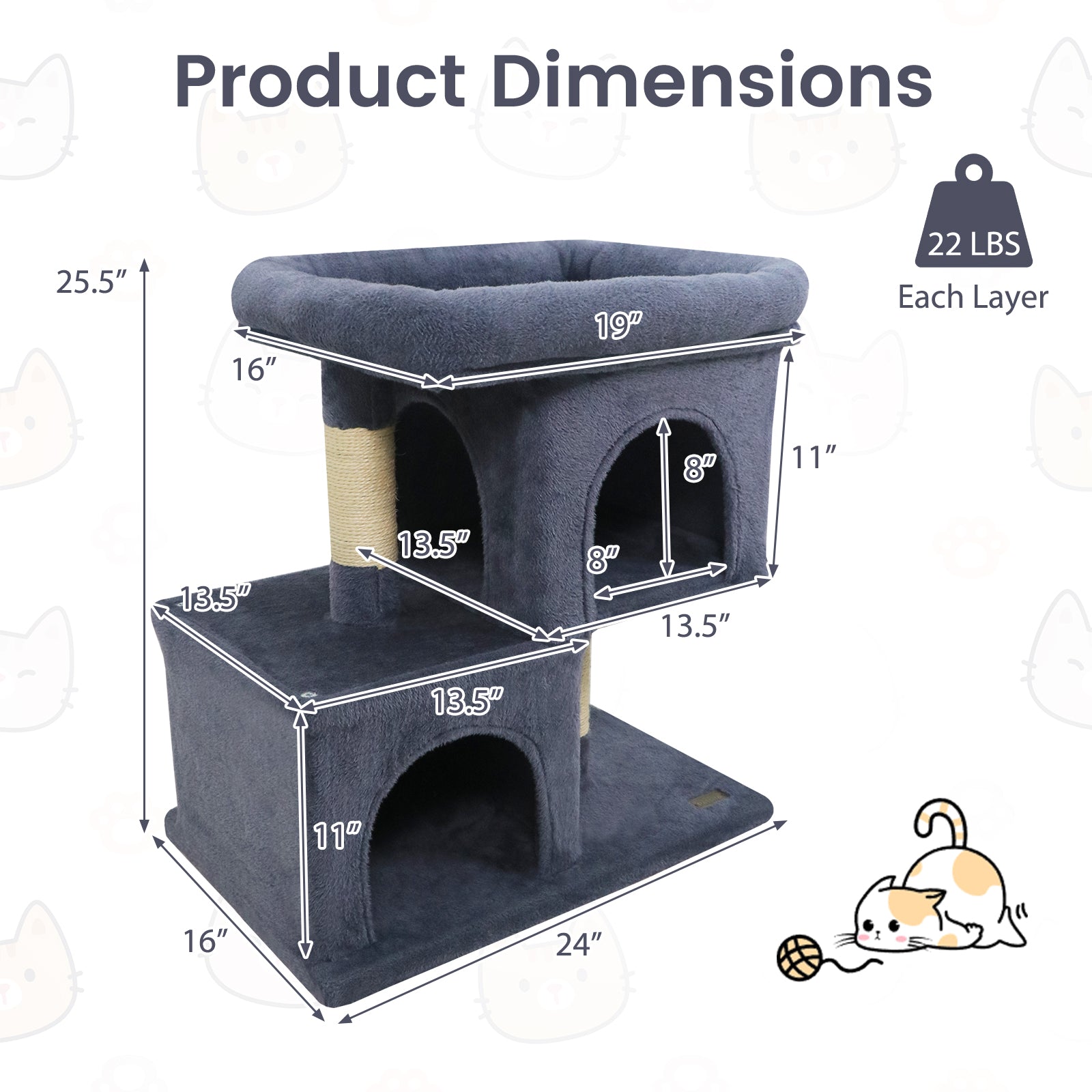 Modern Cat Tree Space-saving Cat Tower with Upholstered Perch and 2 Cat Condos