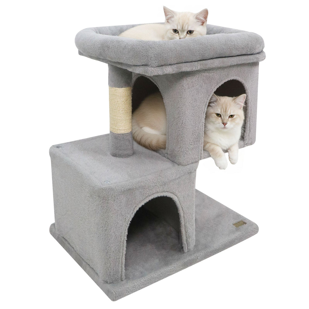 Modern Cat Tree Space-saving Cat Tower with Upholstered Perch and 2 Cat Condos