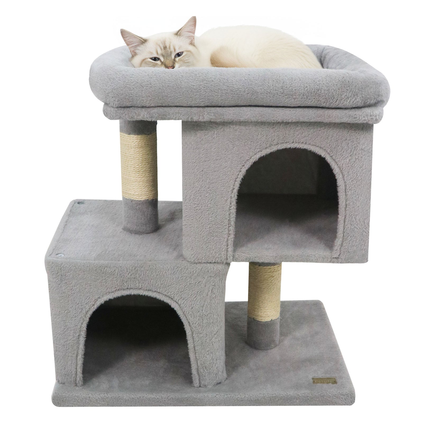 Modern Small Cat Tree with Upholstered Perch and 2 Cat Condos