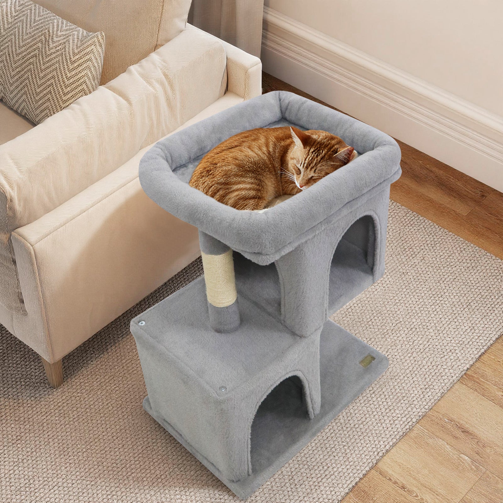 Modern Cat Tree Space-saving Cat Tower with Upholstered Perch and 2 Cat Condos