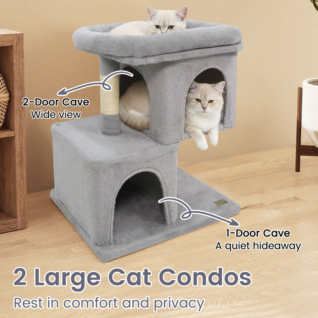 Modern Cat Tree Space-saving Cat Tower with Upholstered Perch and 2 Cat Condos