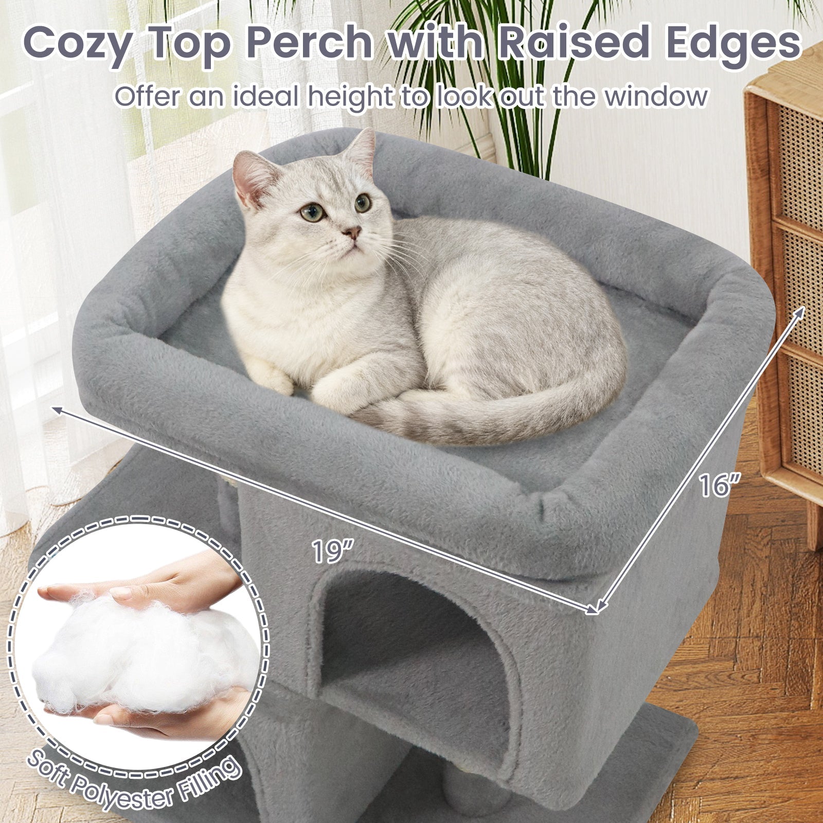 Modern Small Cat Tree with Upholstered Perch and 2 Cat Condos