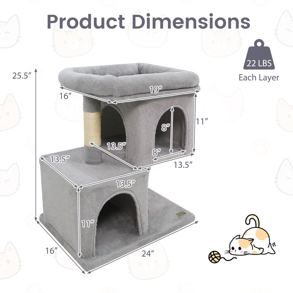 Modern Cat Tree Space-saving Cat Tower with Upholstered Perch and 2 Cat Condos