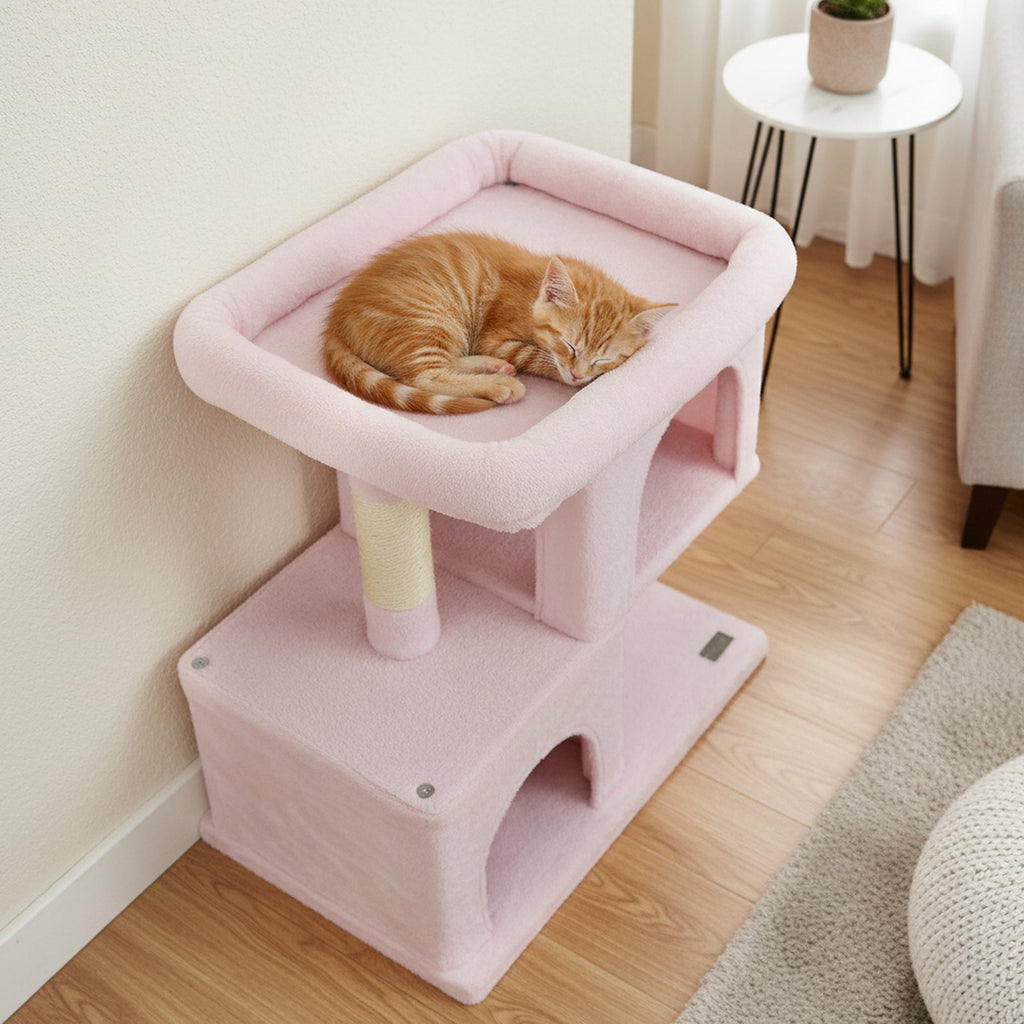 Modern Cat Tree Space-saving Cat Tower with Upholstered Perch and 2 Cat Condos