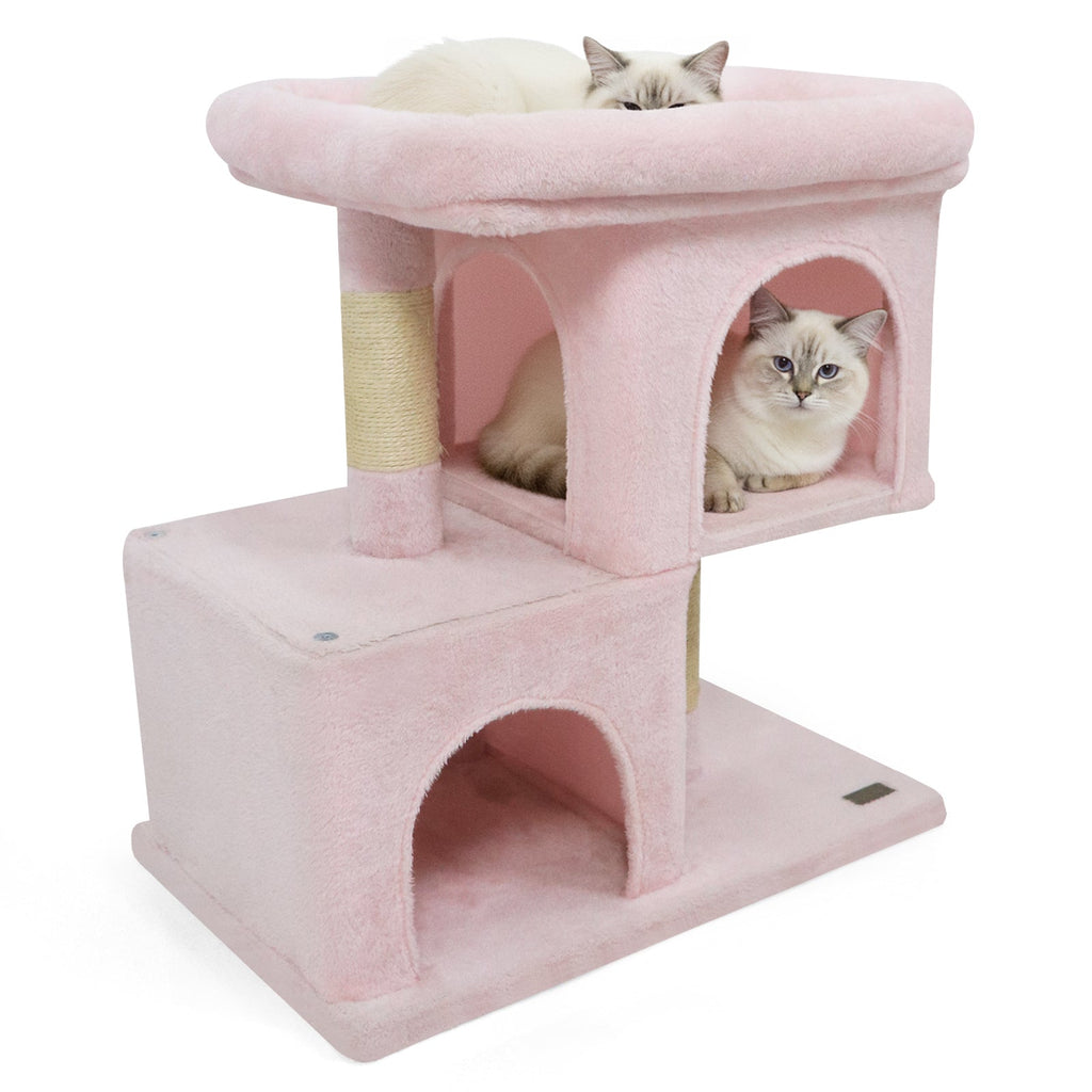 Modern Small Cat Tree with Upholstered Perch and 2 Cat Condos
