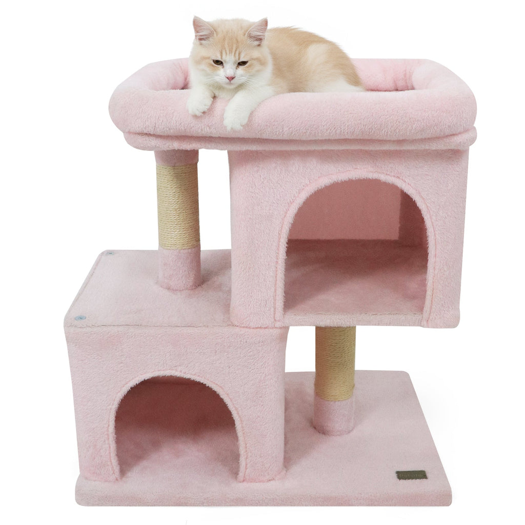 Modern Cat Tree Space-saving Cat Tower with Upholstered Perch and 2 Cat Condos