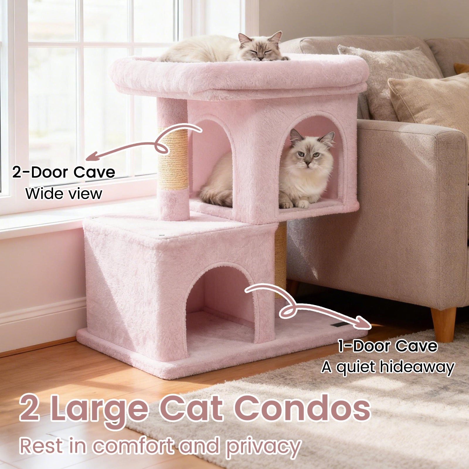 Modern Small Cat Tree with Upholstered Perch and 2 Cat Condos