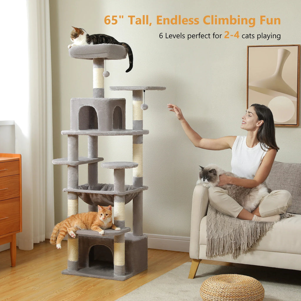 Large Cat Tree Tower - 72" Multi-Level with Condo Grey