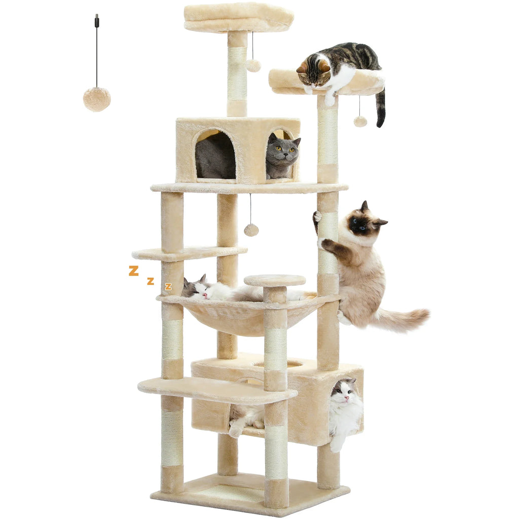 Large Cat Tree Tower - 72" Multi-Level with Condo Grey