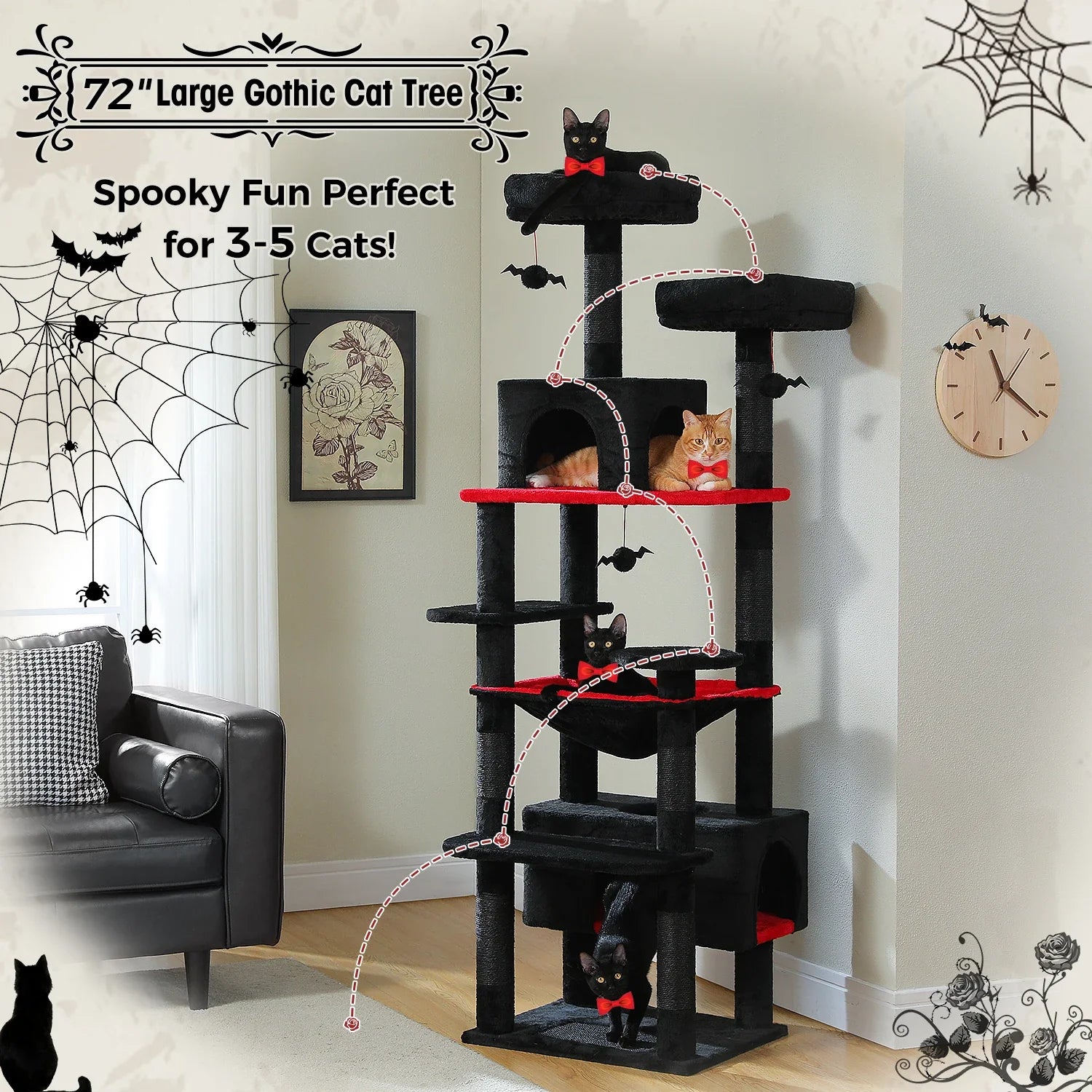 Large Cat Tree Tower - 72" Multi-Level with Condo Grey