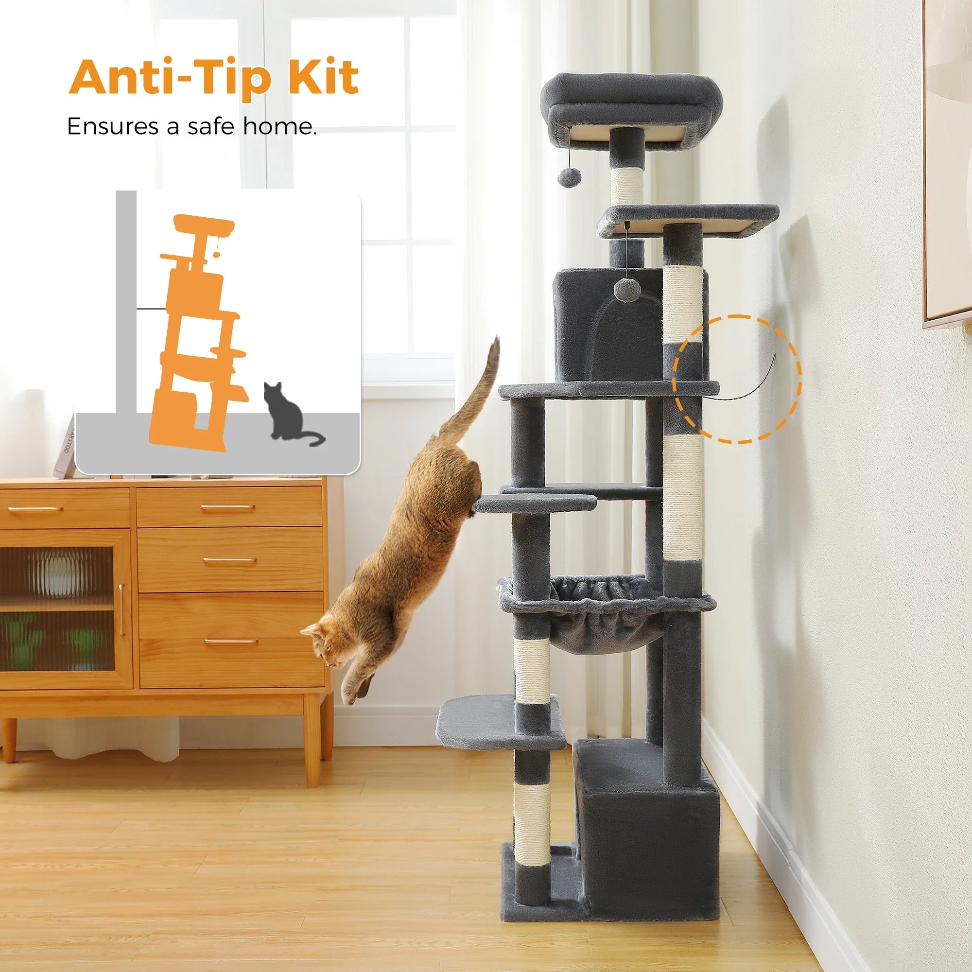 Large Cat Tree Tower - 72" Multi-Level with Condo Grey