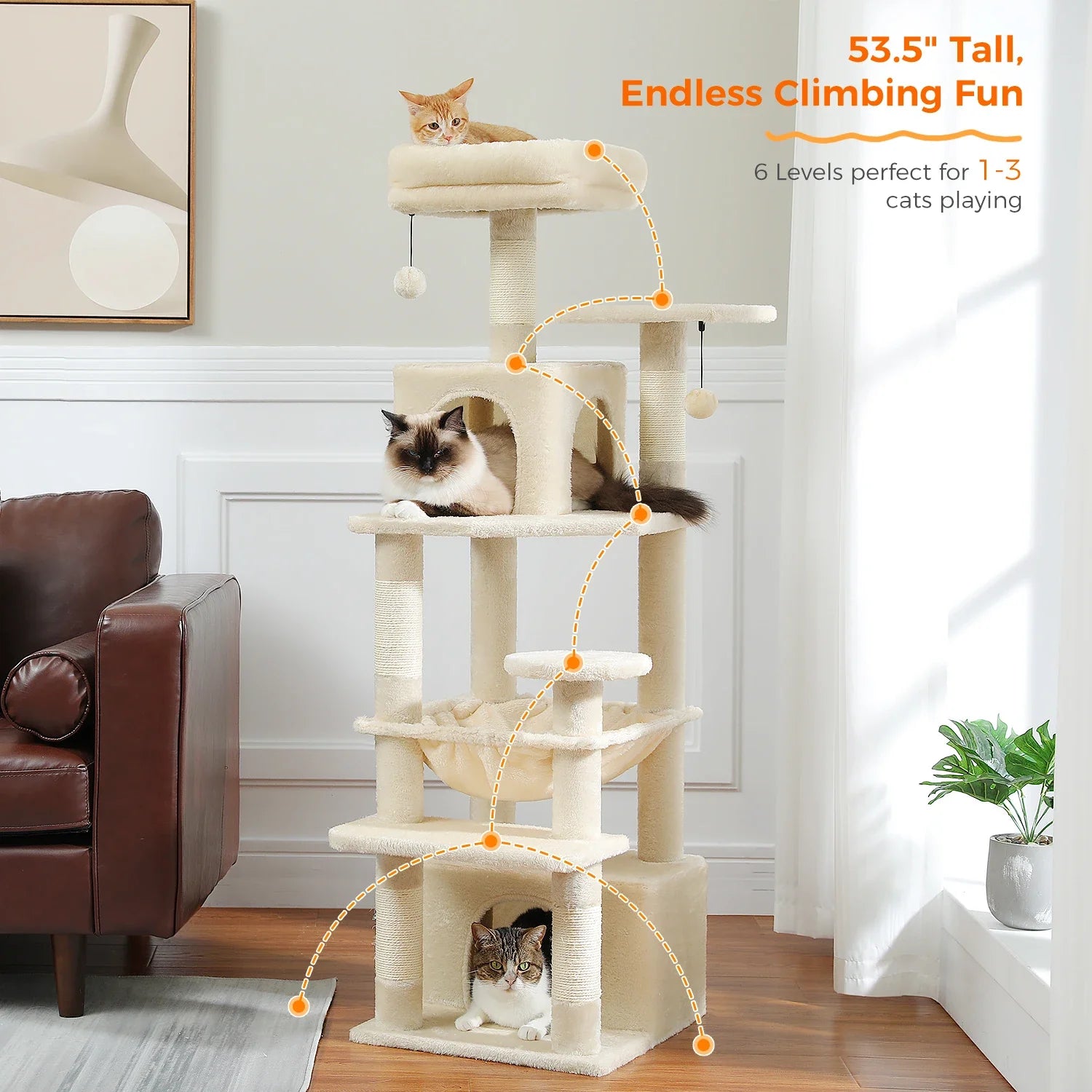 Large Cat Tree Tower - 72" Multi-Level with Condo Grey