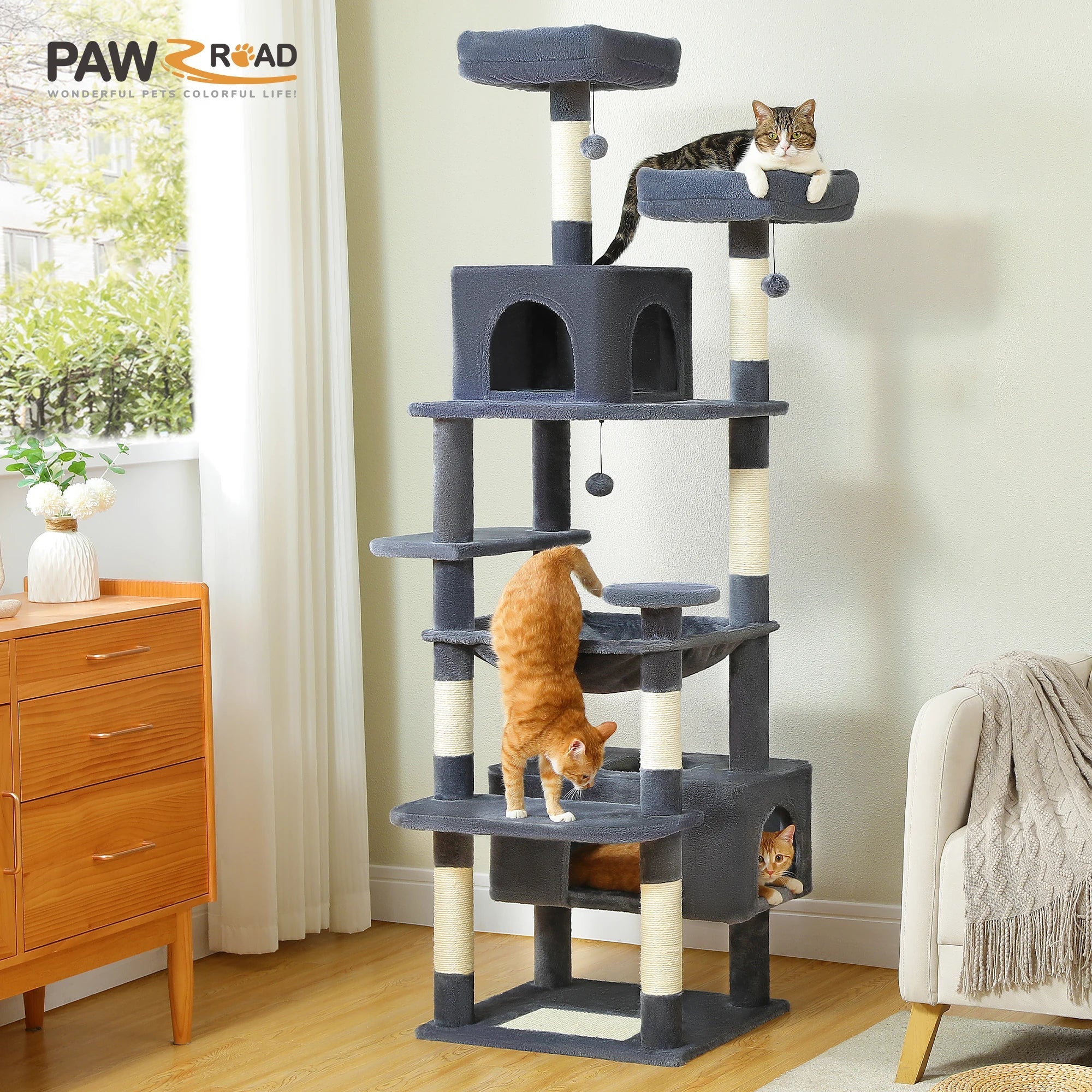 Large Cat Tree Tower - 72" Multi-Level with Condo Grey