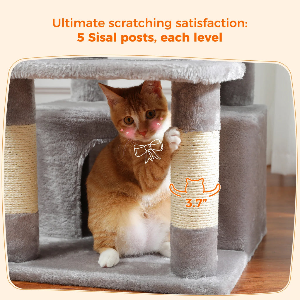 Large Cat Tree Tower - 72" Multi-Level with Condo Grey