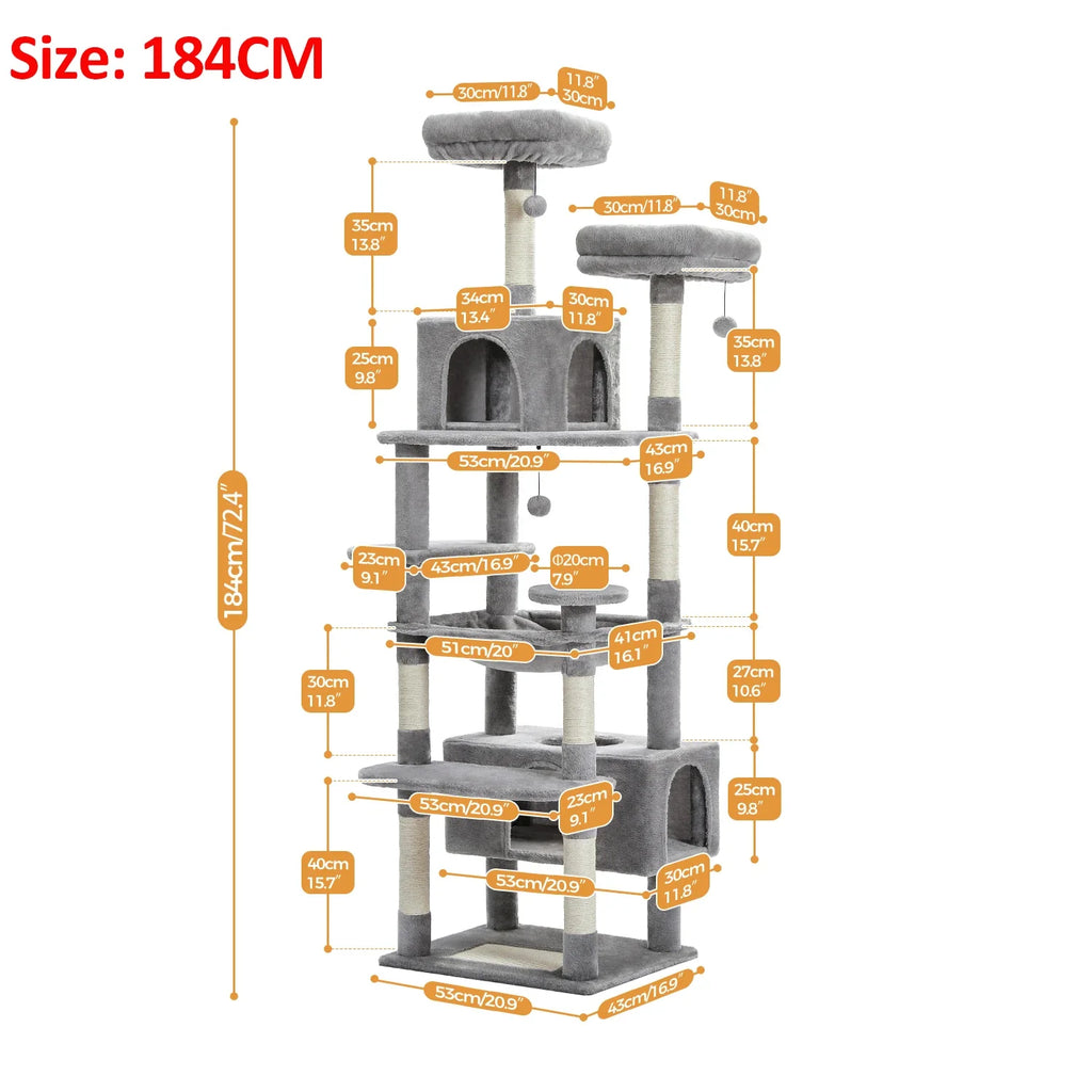Large Cat Tree Tower - 72" Multi-Level with Condo Grey