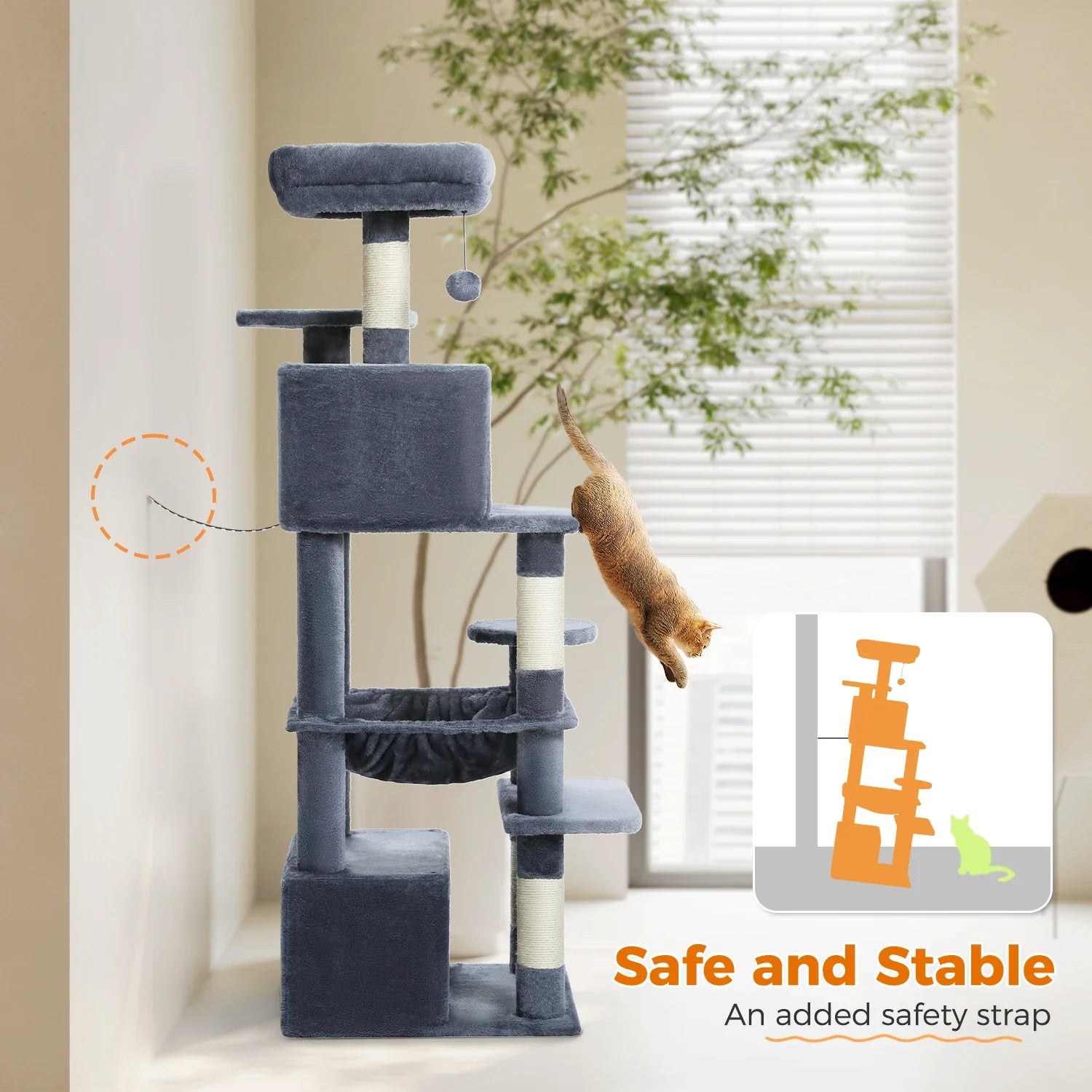 Large Cat Tree Tower - 72" Multi-Level with Condo Grey