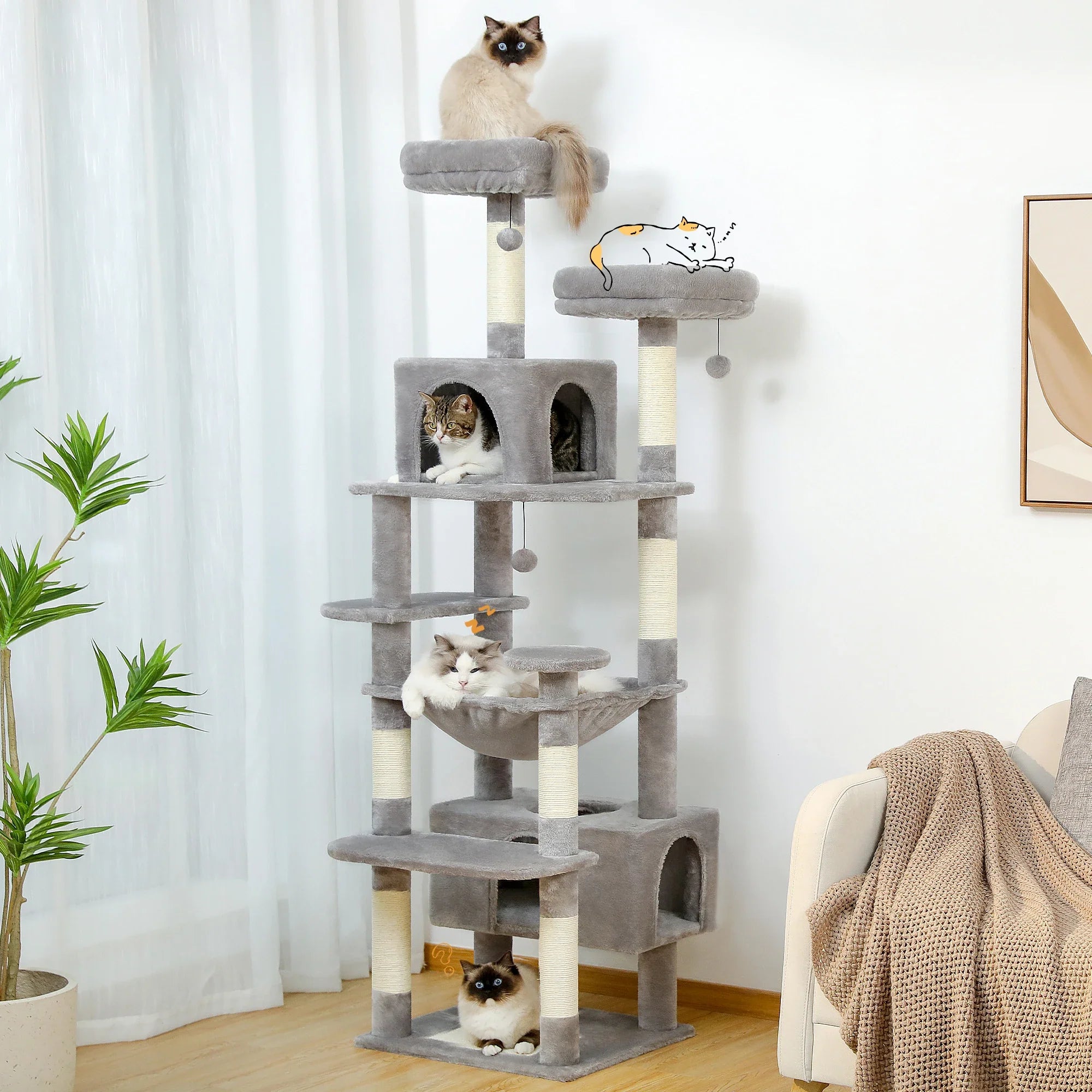 Large Cat Tree Tower - 72" Multi-Level with Condo Grey