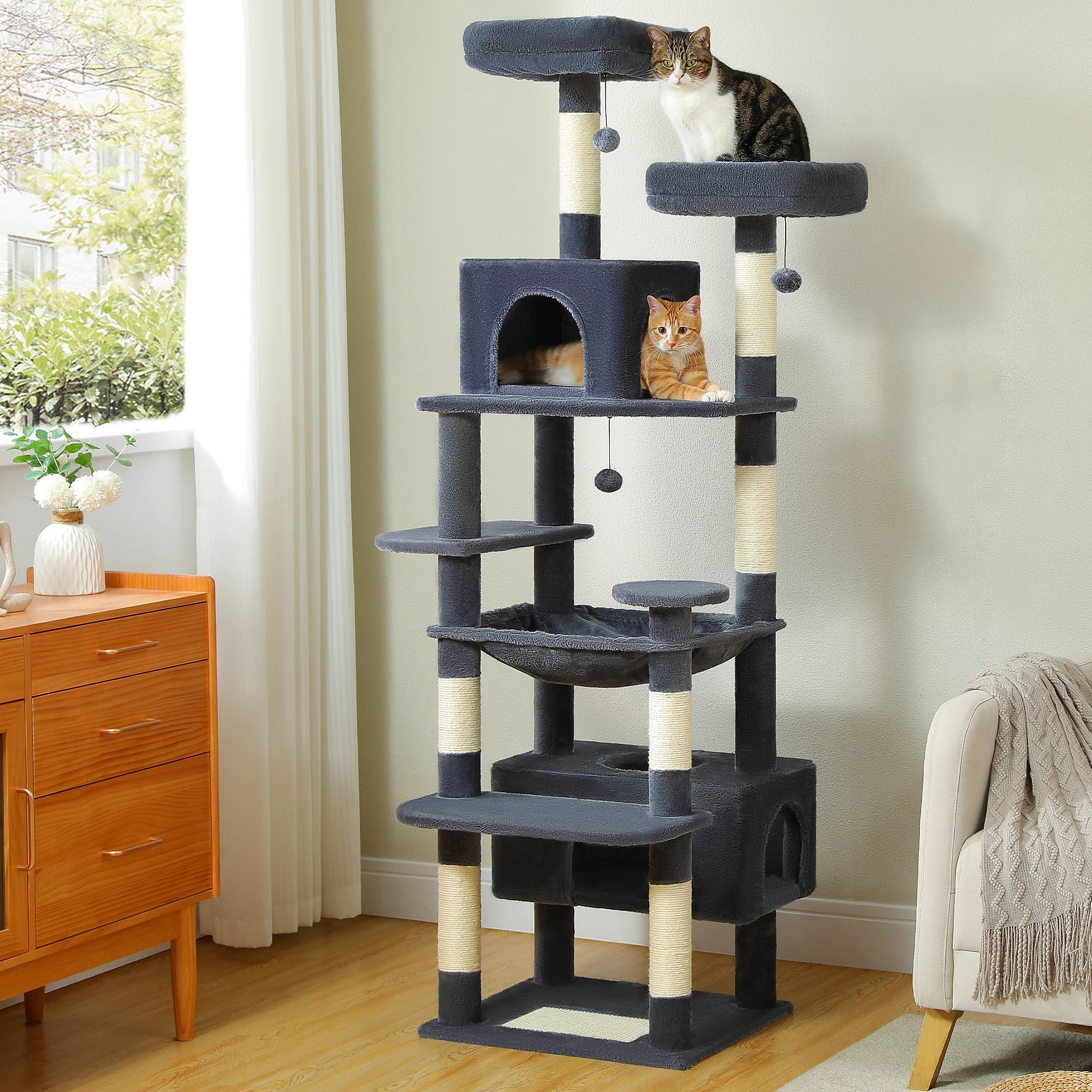 Large Cat Tree Tower - 72" Multi-Level with Condo Grey