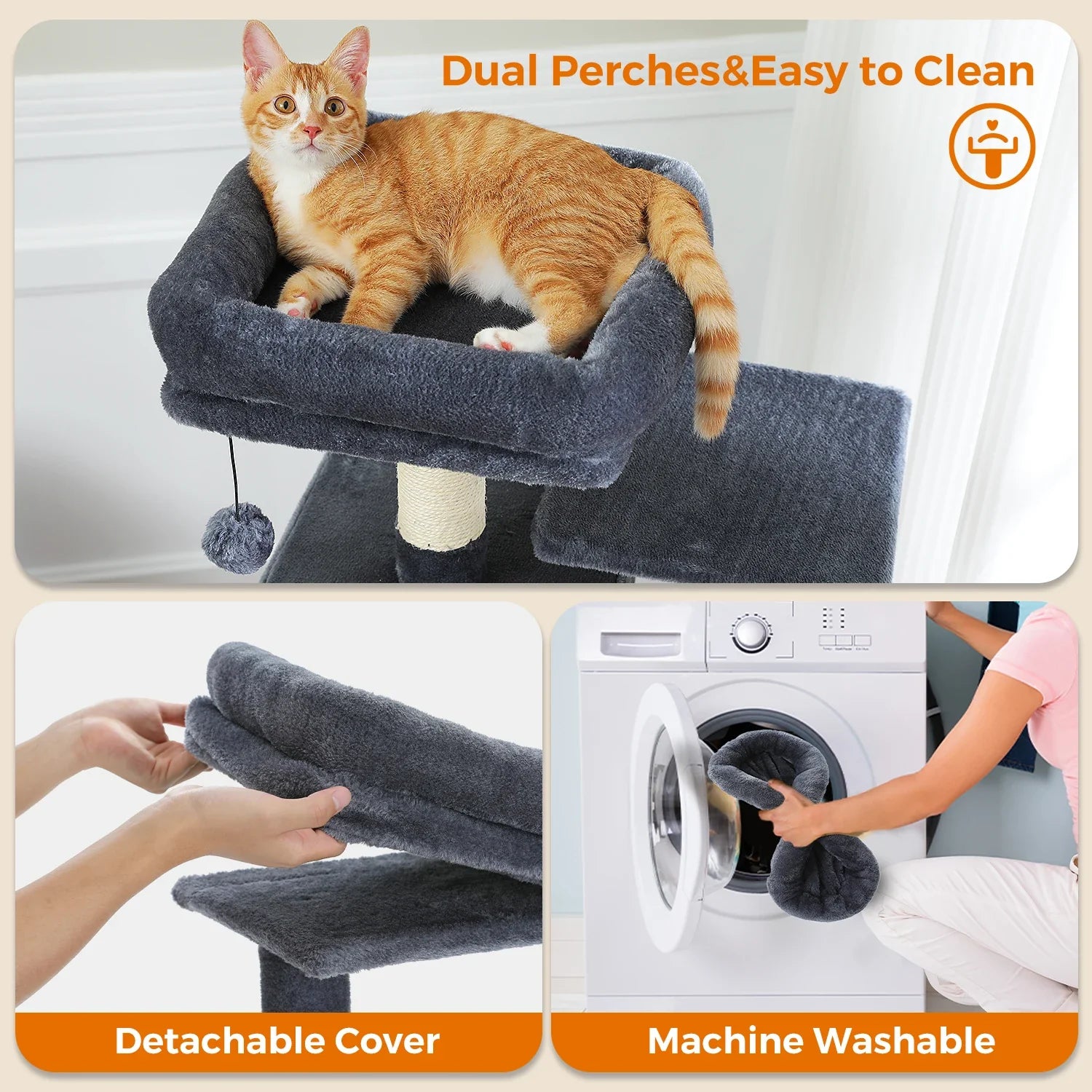 Large Cat Tree Tower - 72" Multi-Level with Condo Grey