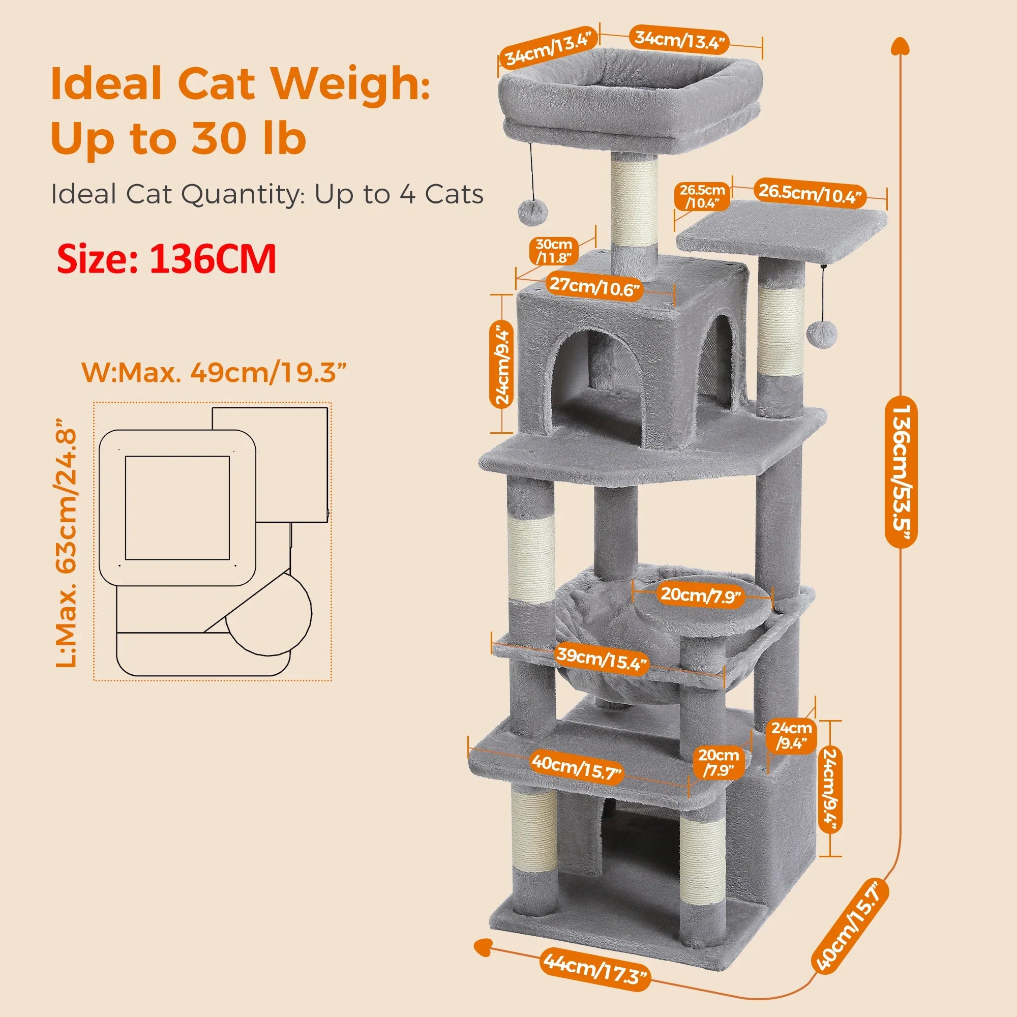 Large Cat Tree Tower - 72" Multi-Level with Condo Grey