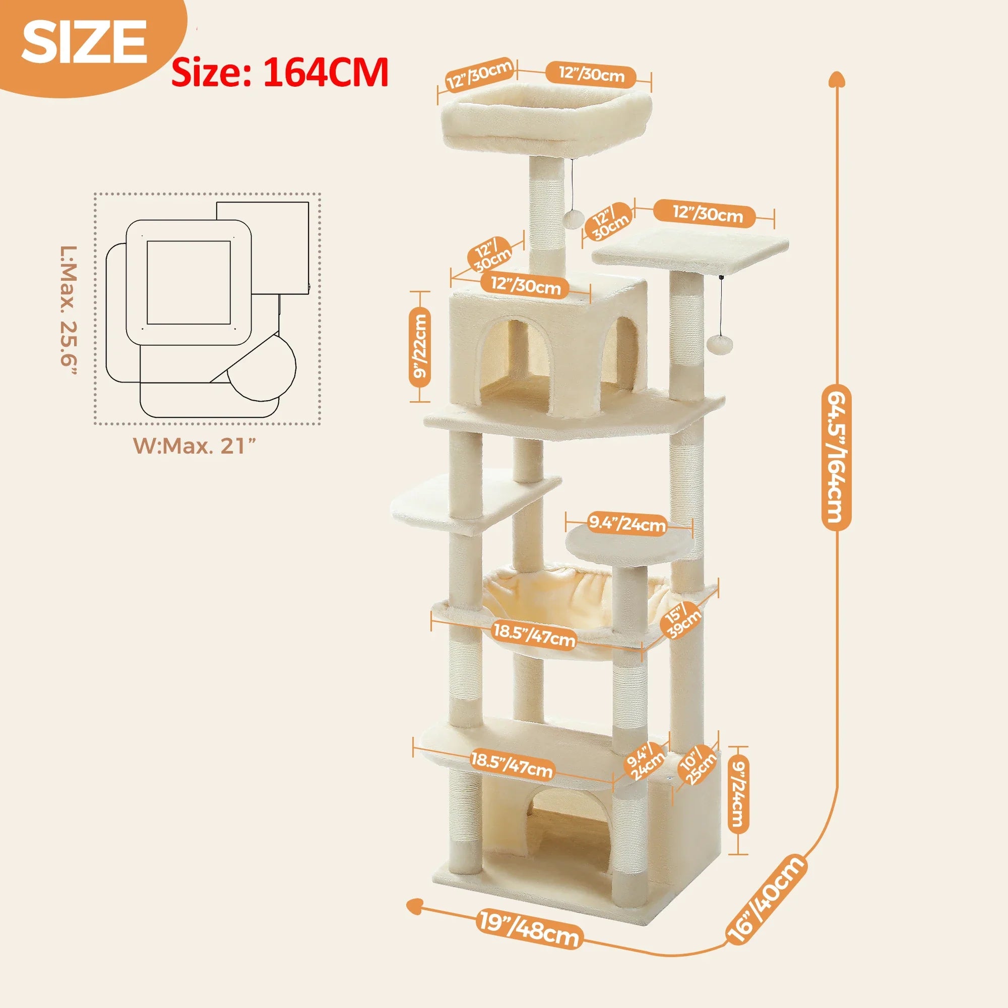 Large Cat Tree Tower - 72" Multi-Level with Condo Grey