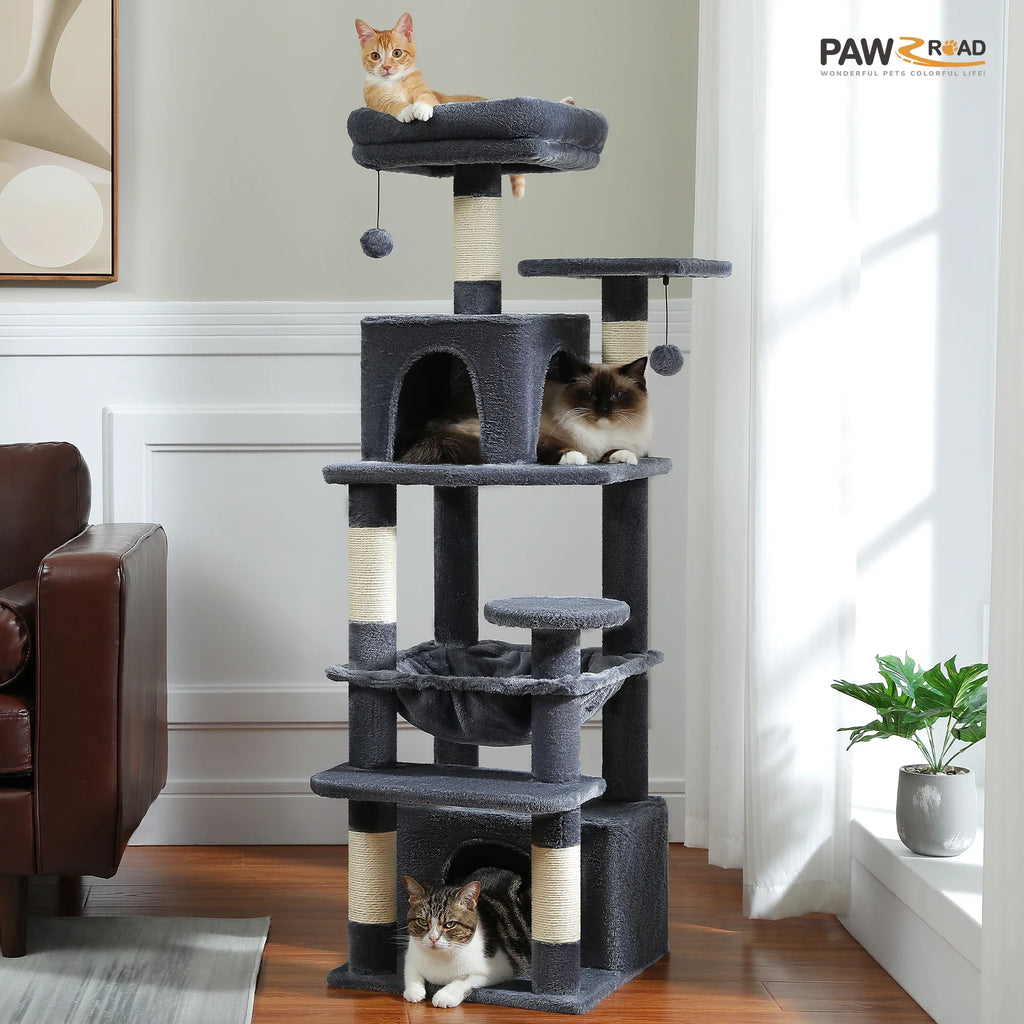 Large Cat Tree Tower - 72" Multi-Level with Condo Grey