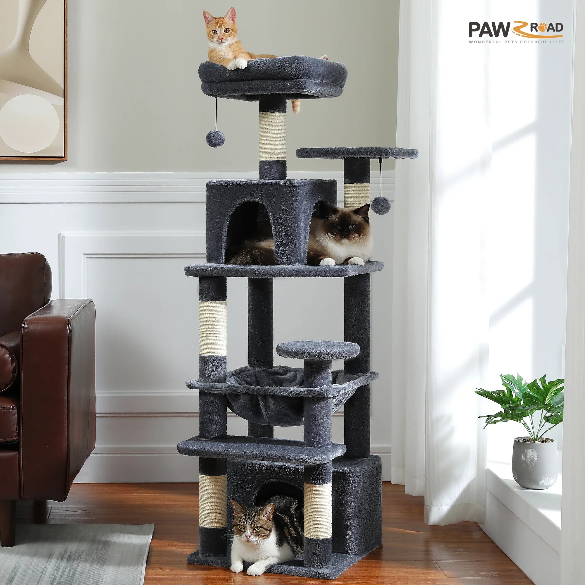 Large Cat Tree Tower - 72" Multi-Level with Condo Grey