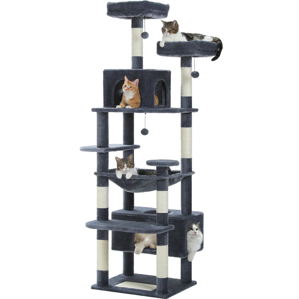 Large Cat Tree Tower - 72" Multi-Level with Condo Grey