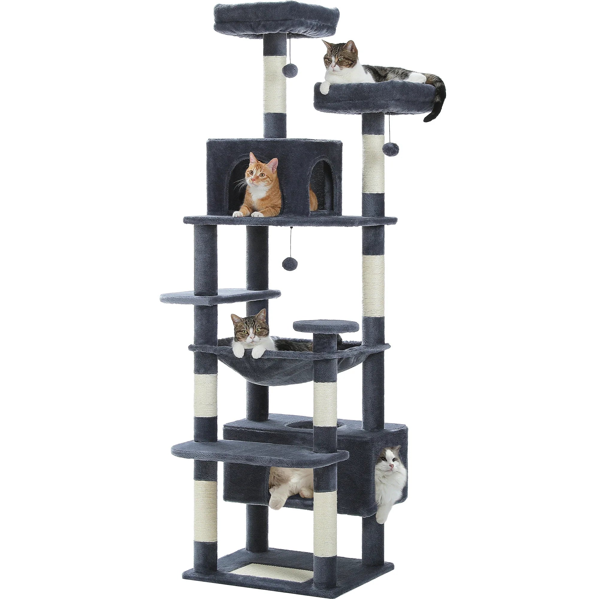 Large Cat Tree Tower - 72" Multi-Level with Condo Grey
