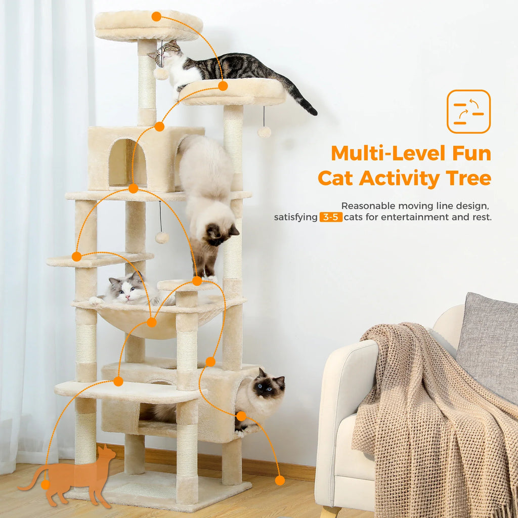 Large Cat Tree Tower - 72" Multi-Level with Condo Grey