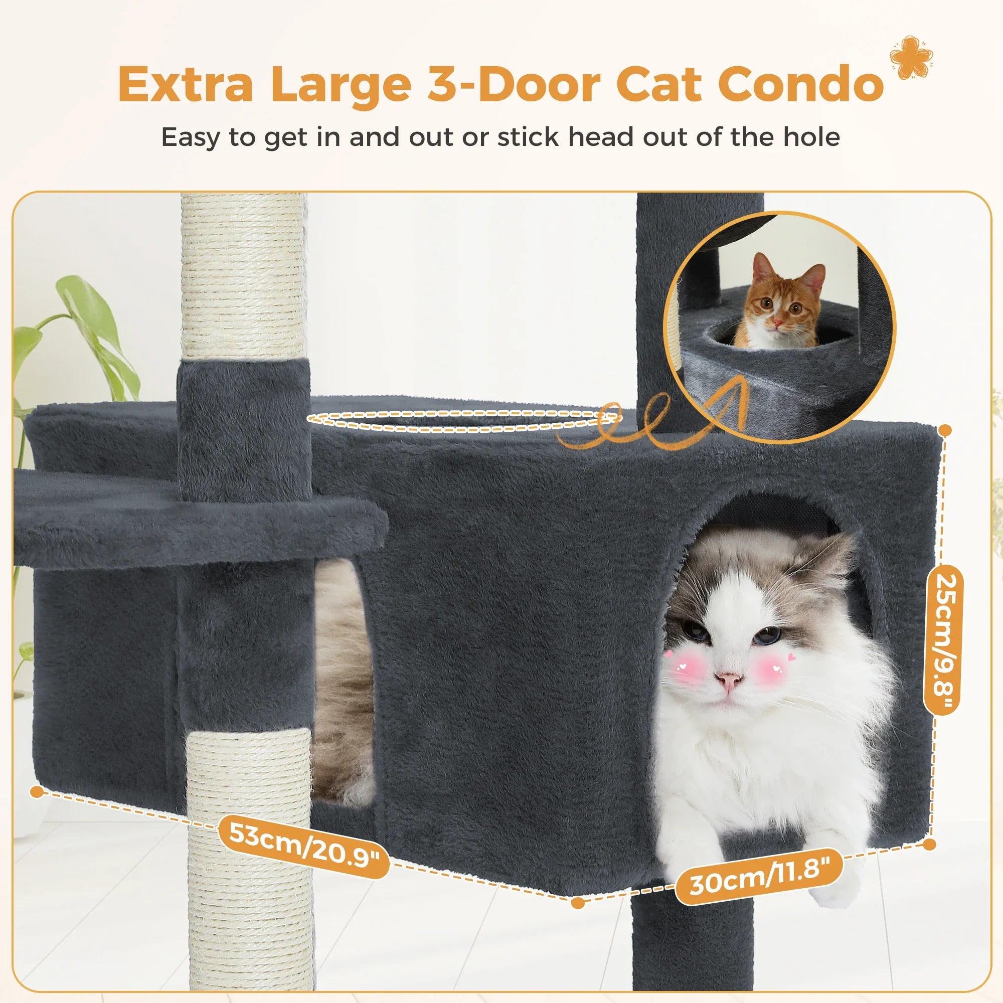 Large Cat Tree Tower - 72" Multi-Level with Condo Grey