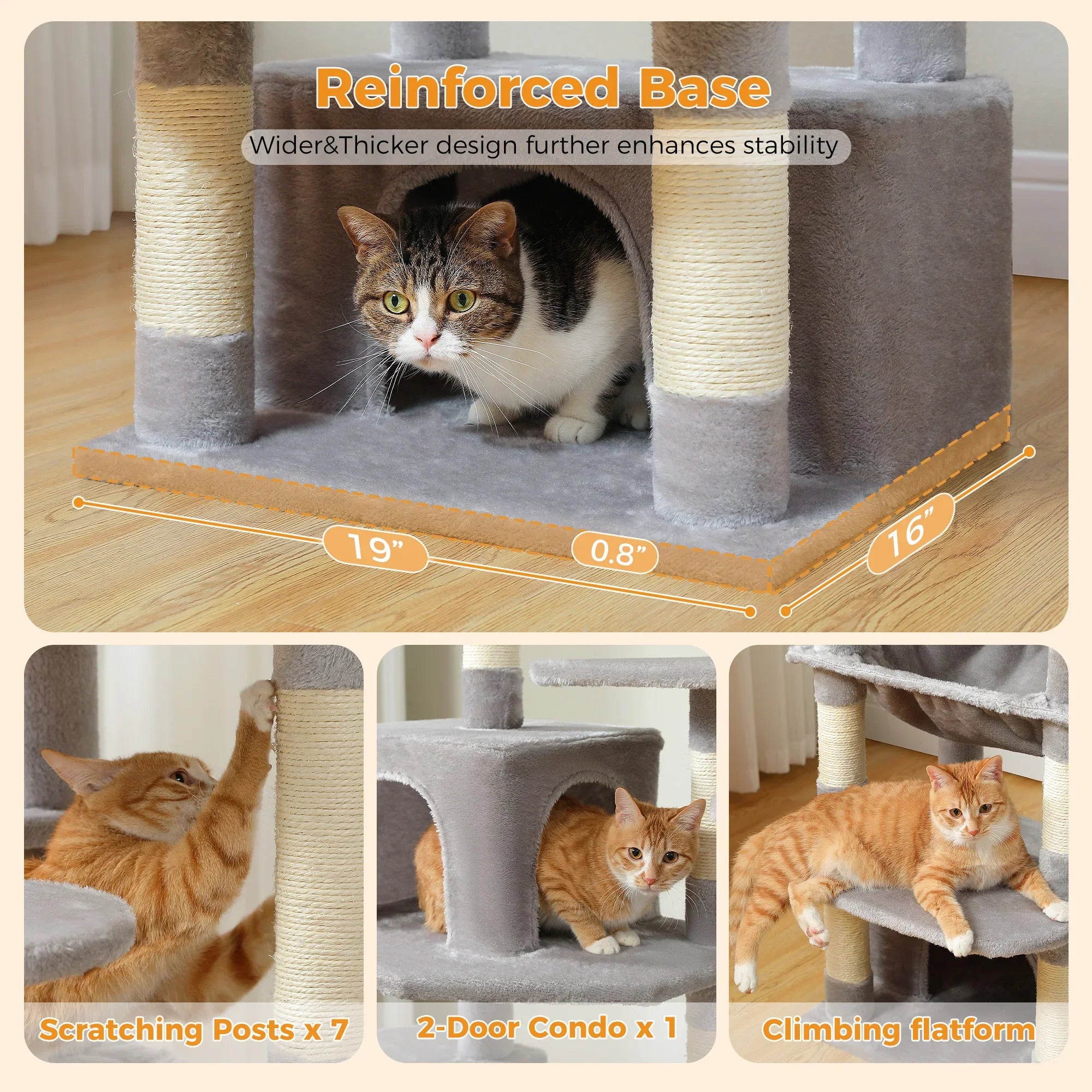 Large Cat Tree Tower - 72" Multi-Level with Condo Grey