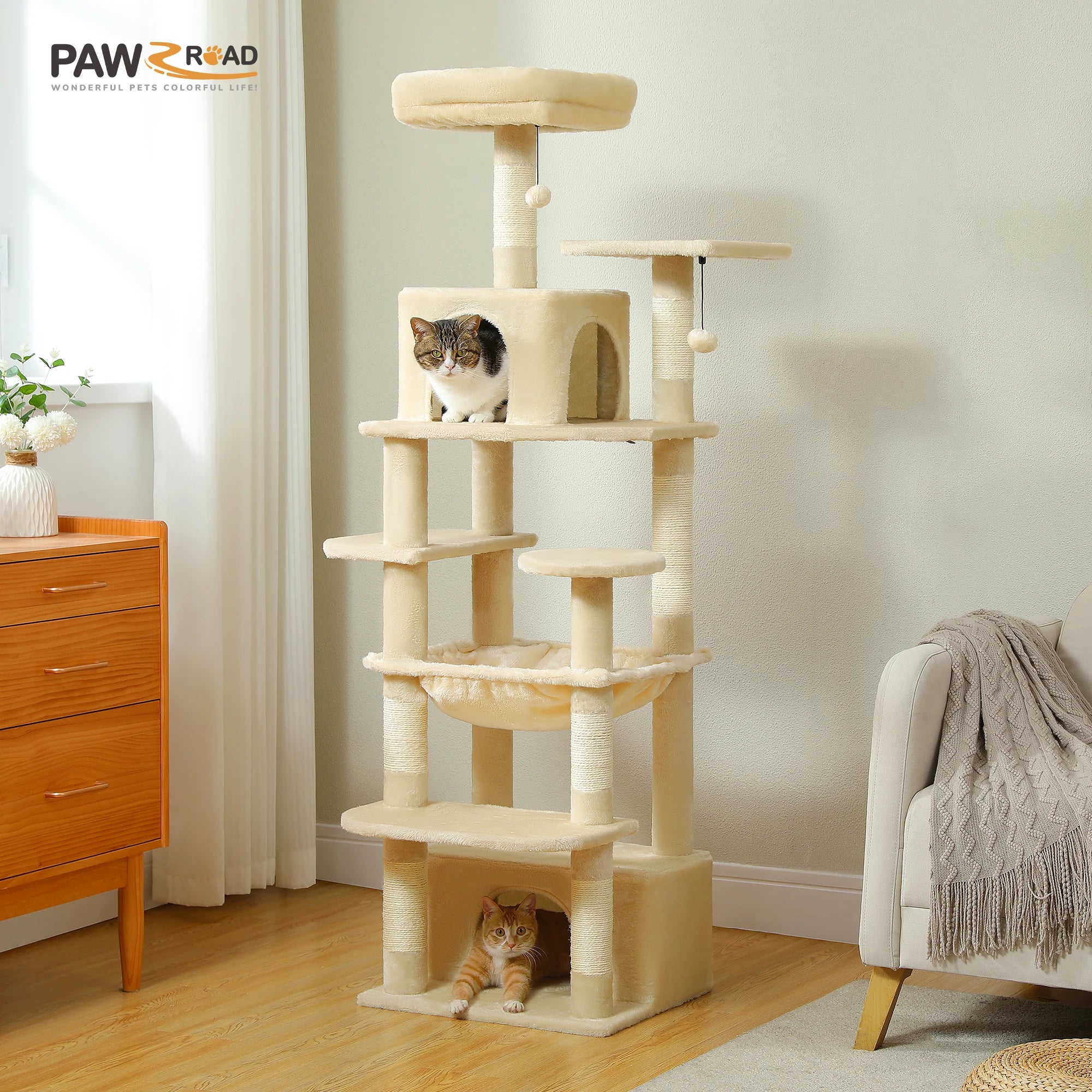 Large Cat Tree Tower - 72" Multi-Level with Condo Grey