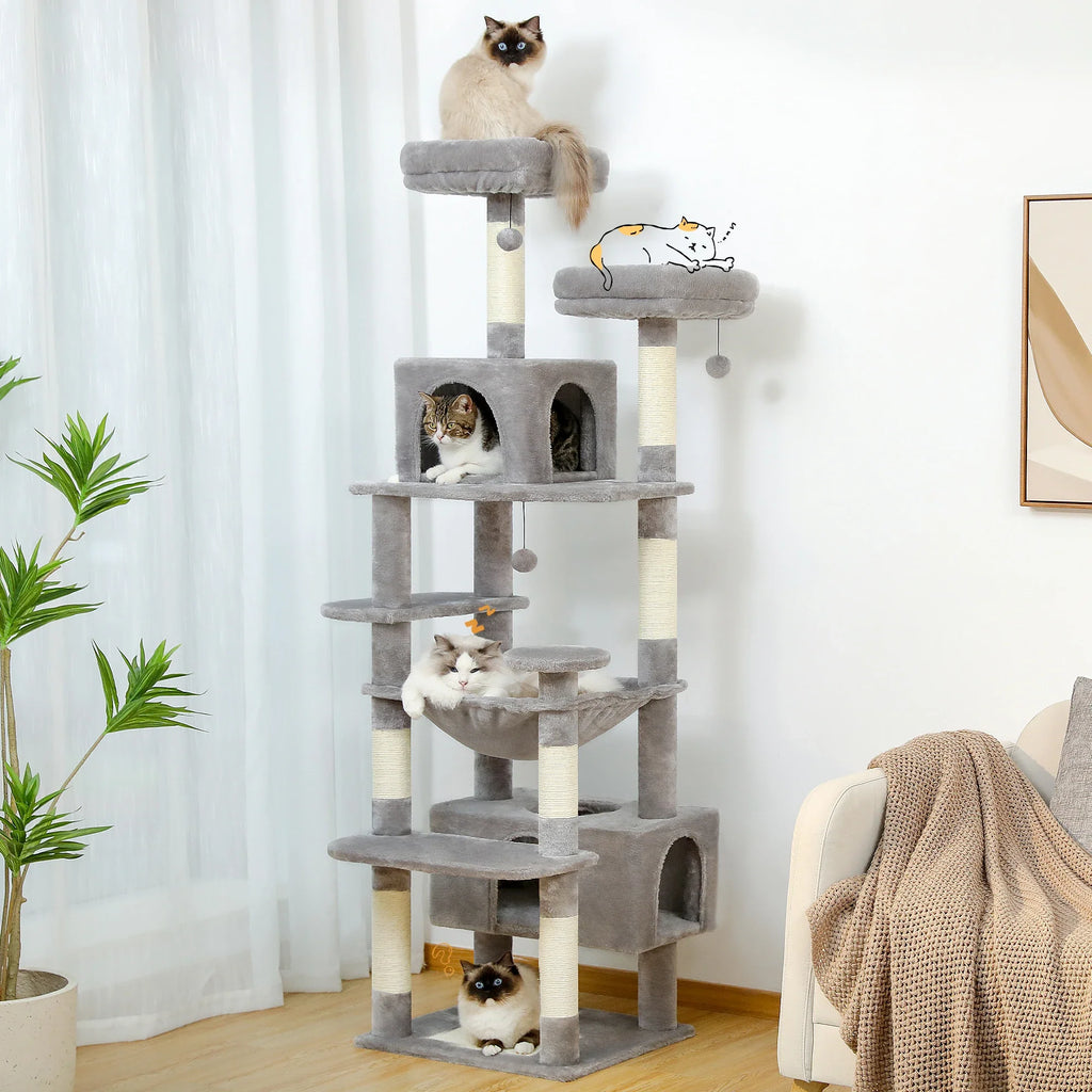 Large Cat Tree Tower - 72" Multi-Level with Condo Grey