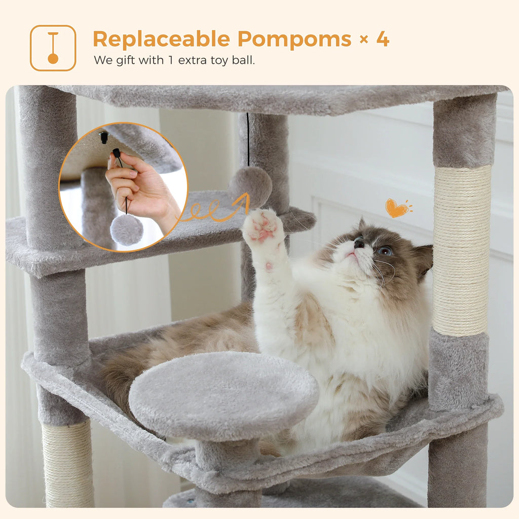 Large Cat Tree Tower - 72" Multi-Level with Condo Grey
