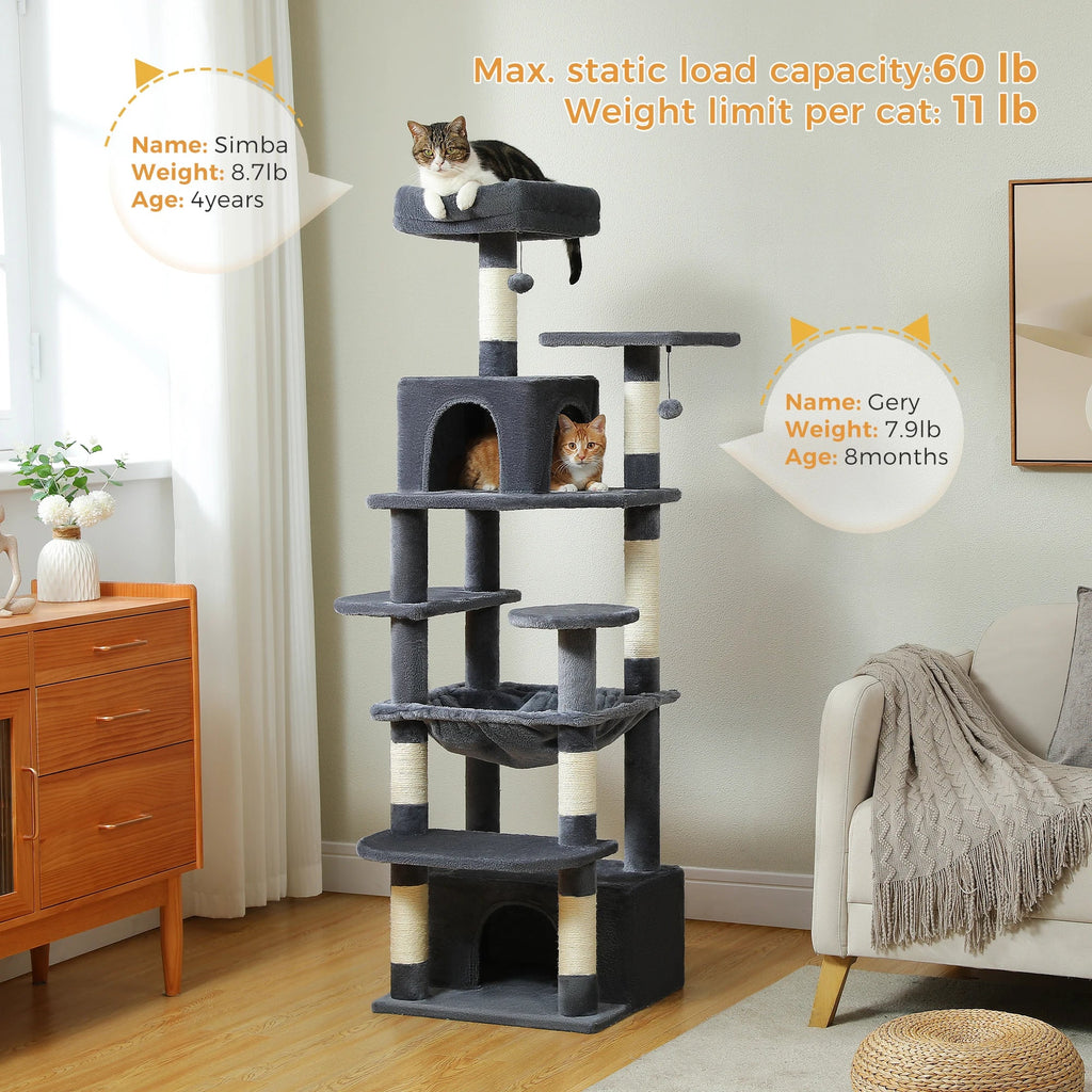 Large Cat Tree Tower - 72" Multi-Level with Condo Grey