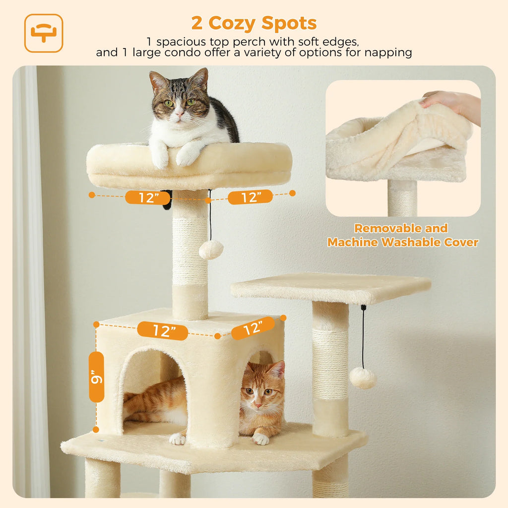 Large Cat Tree Tower - 72" Multi-Level with Condo Grey