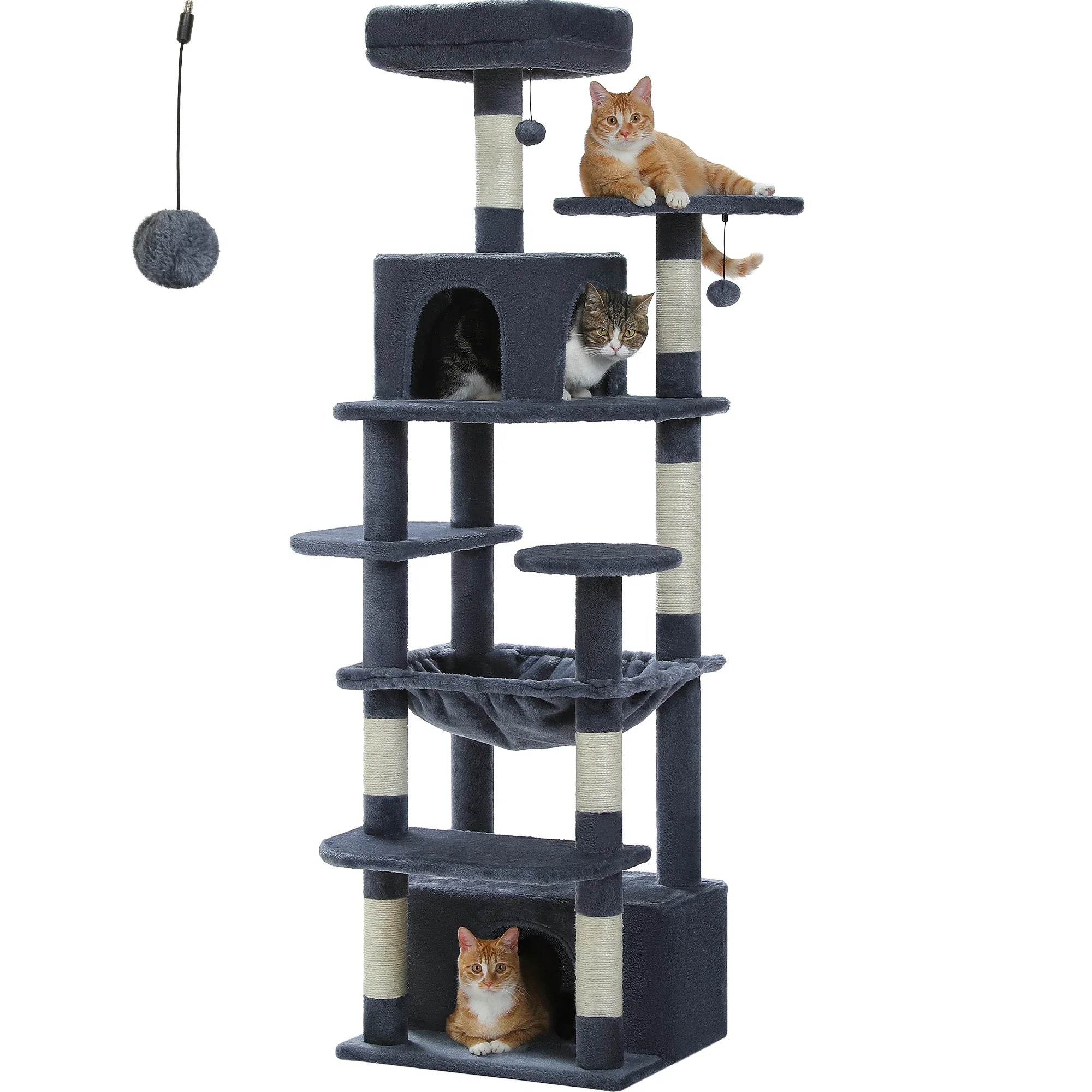 Large Cat Tree Tower - 72" Multi-Level with Condo Grey