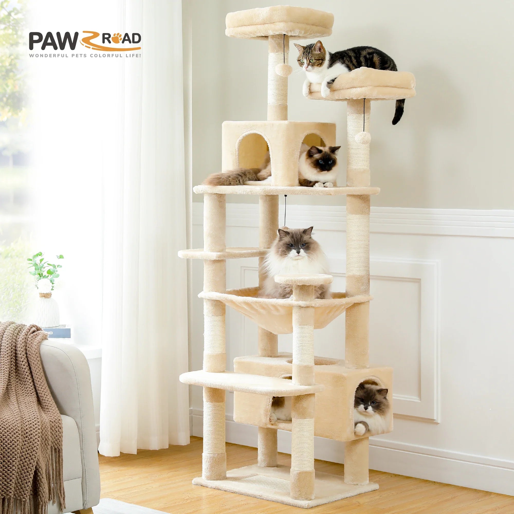 Large Cat Tree Tower - 72" Multi-Level with Condo Grey
