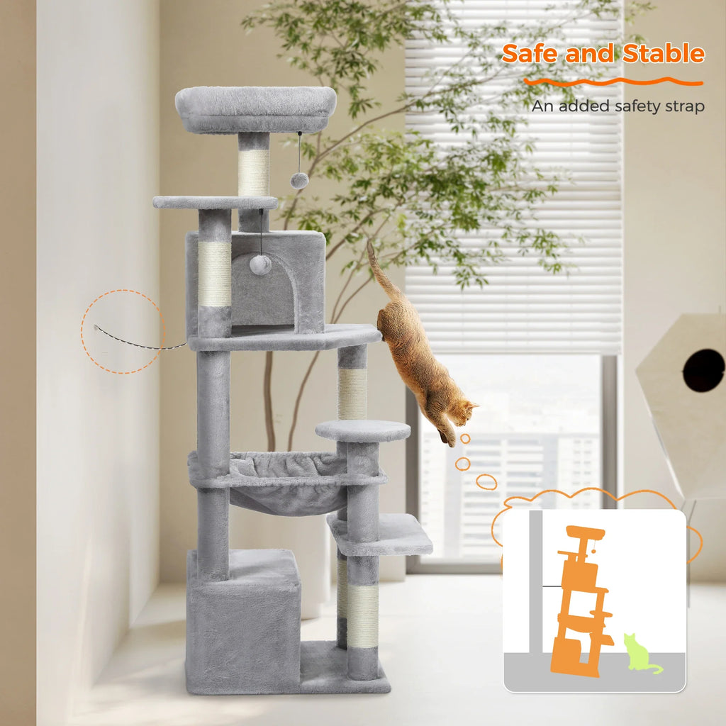Large Cat Tree Tower - 72" Multi-Level with Condo Grey