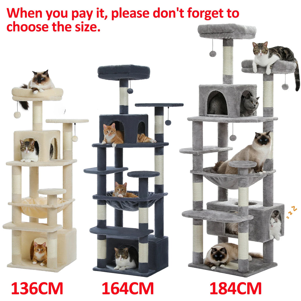 Large Cat Tree Tower - 72" Multi-Level with Condo Grey
