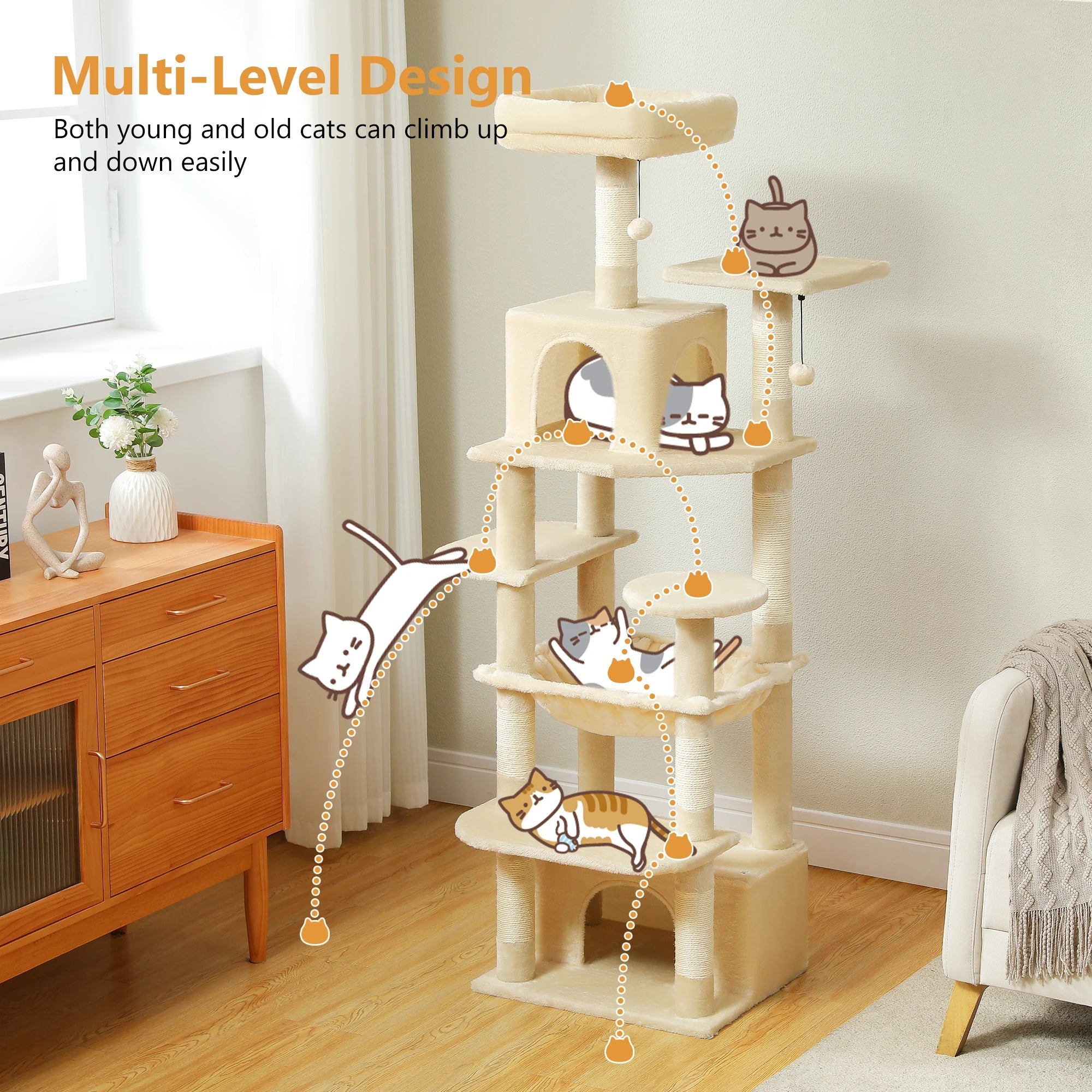 Large Cat Tree Tower - 72" Multi-Level with Condo Grey